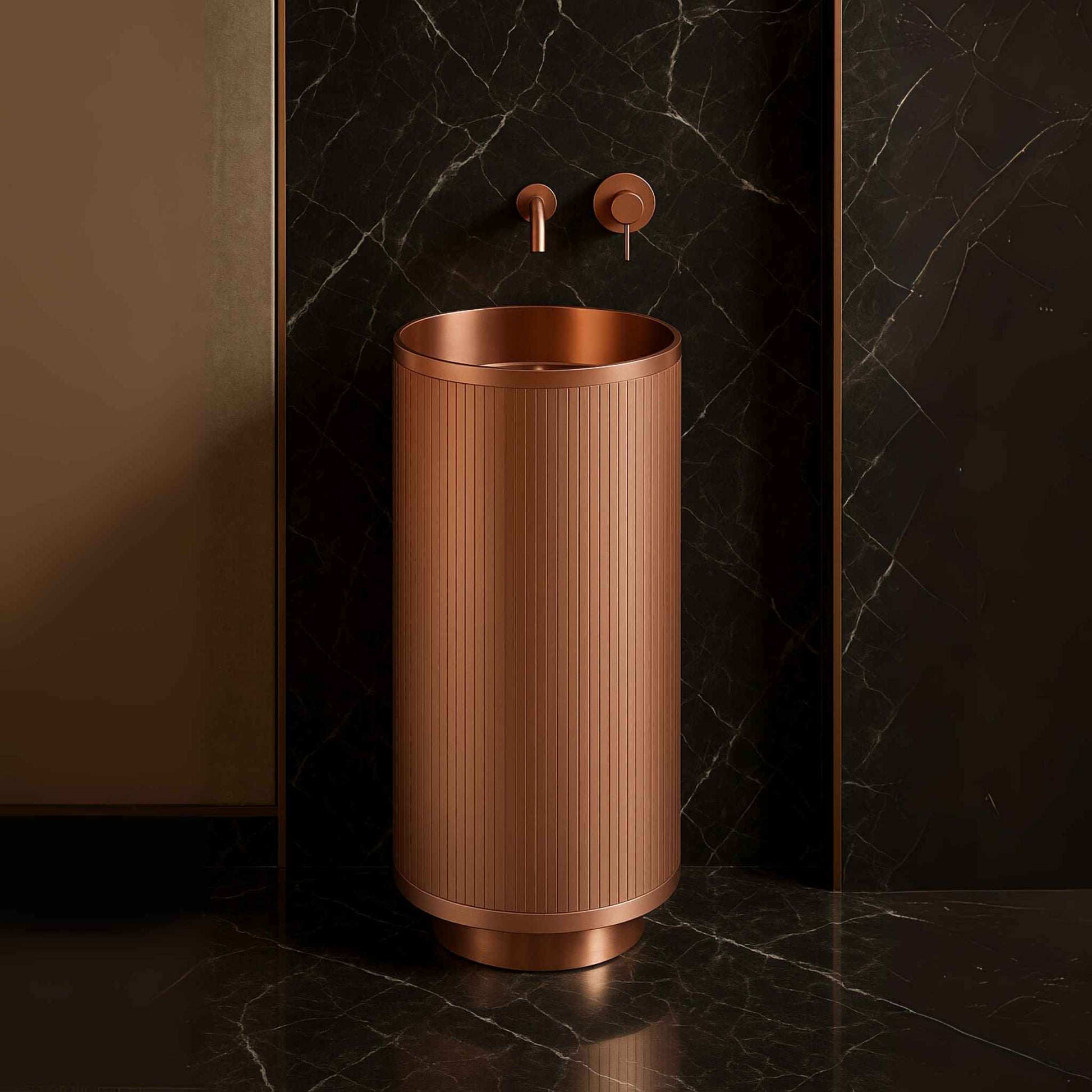 Rose gold fluted pedestal basin front view in luxury bathroom