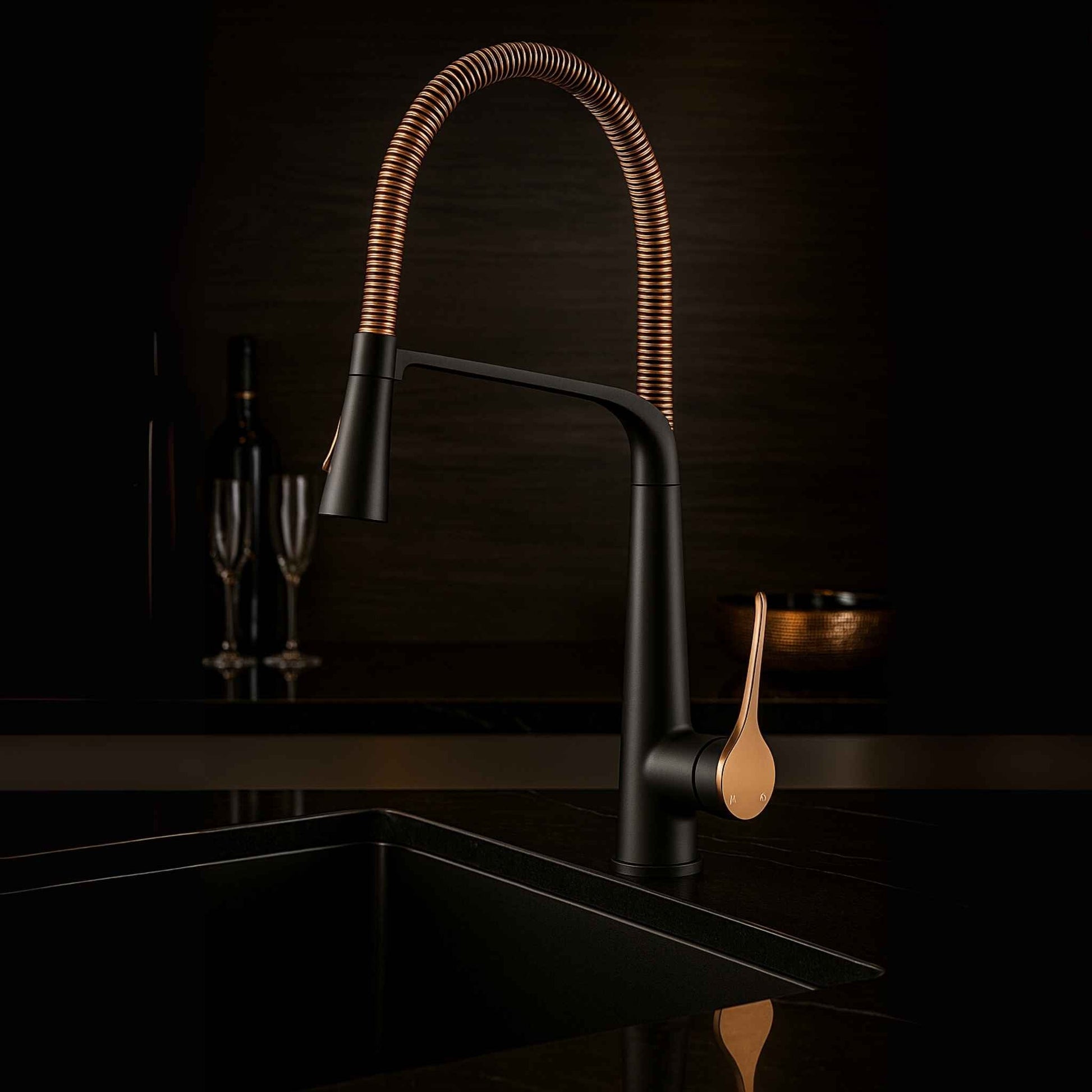 Front view of luxury rose gold pull-down kitchen faucet with matte black body and flexible coil neck in modern kitchen setting