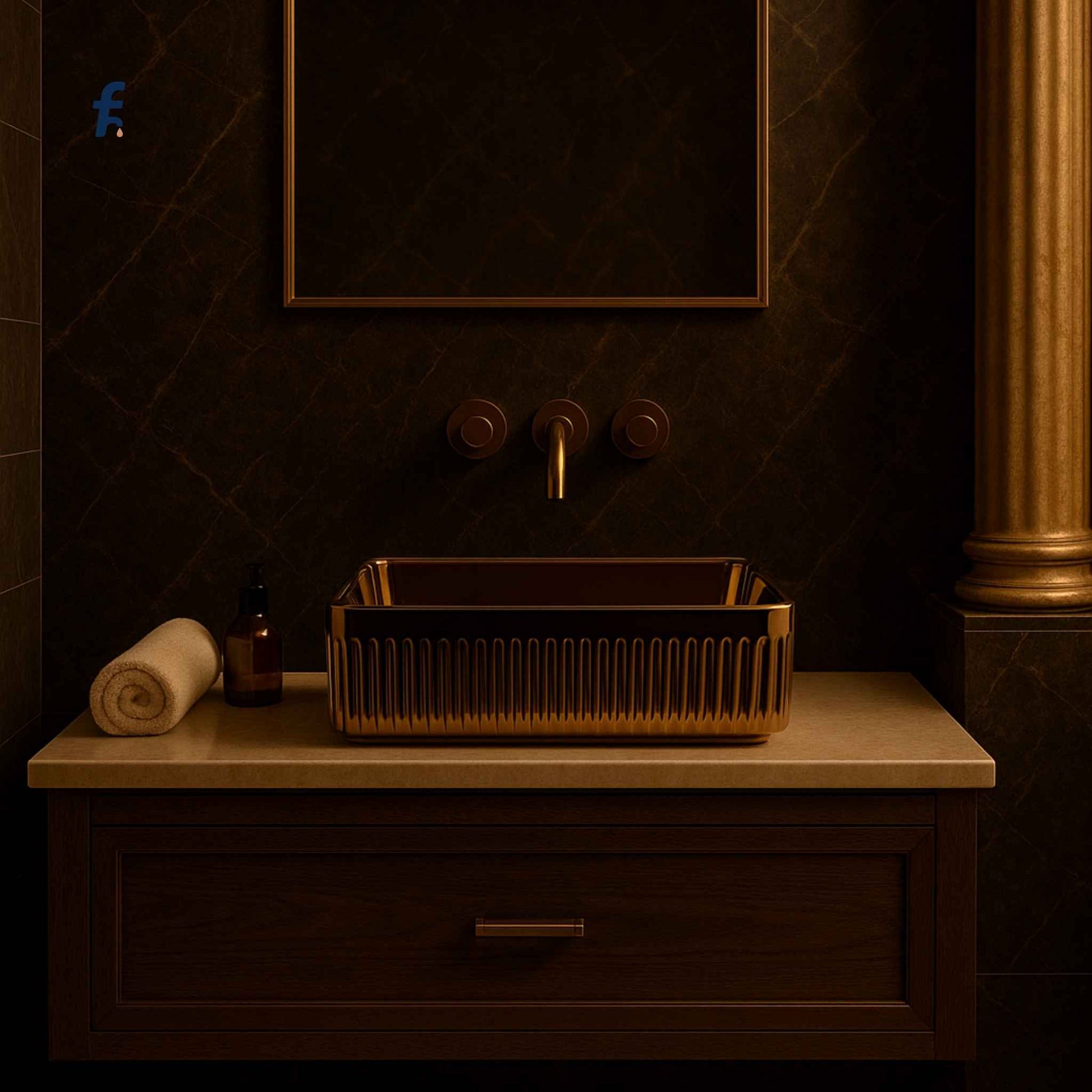 Bathroom vanity with bronze sink and fixtures against a dark tiled wall.
