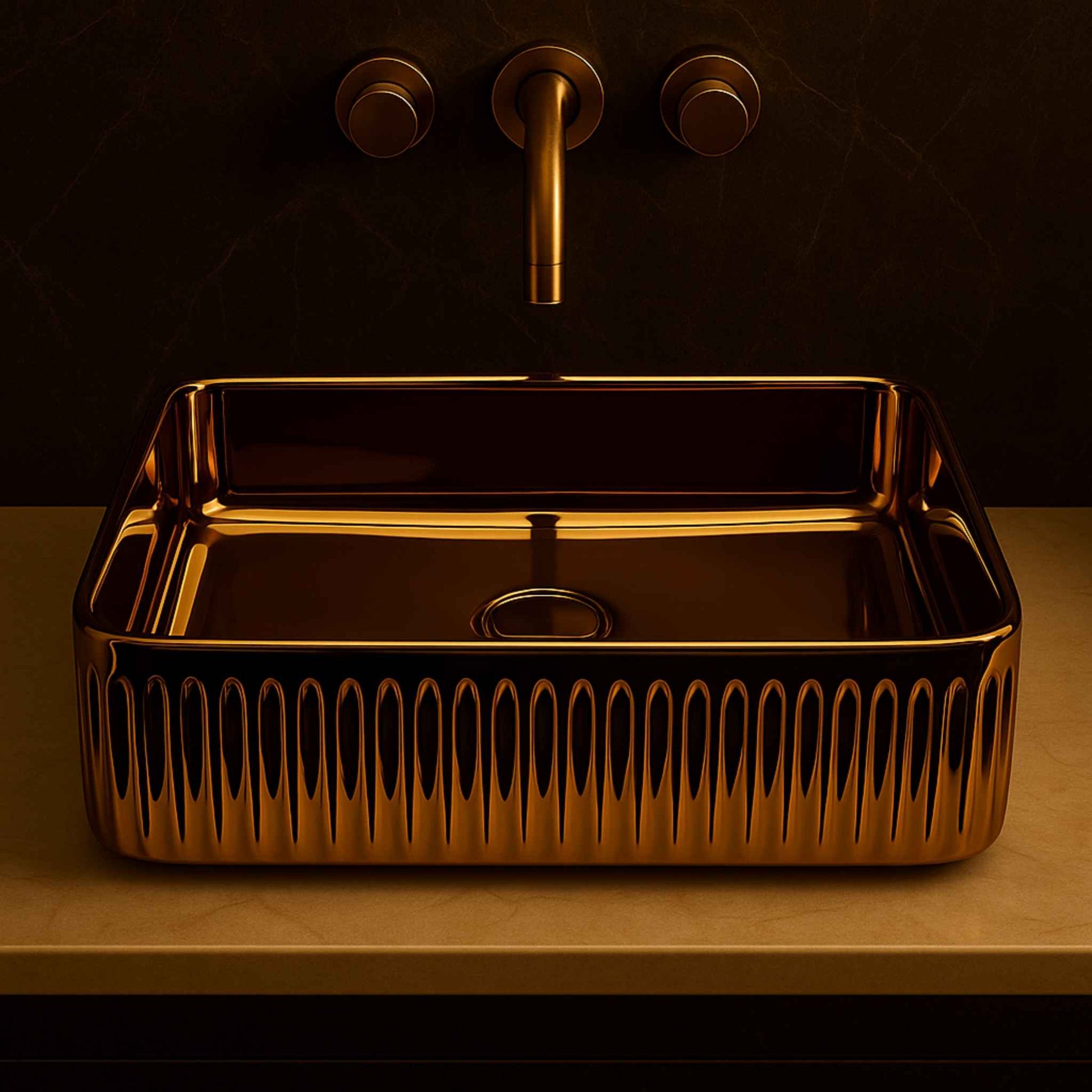 Close-up view of luxury rose gold bathroom basin