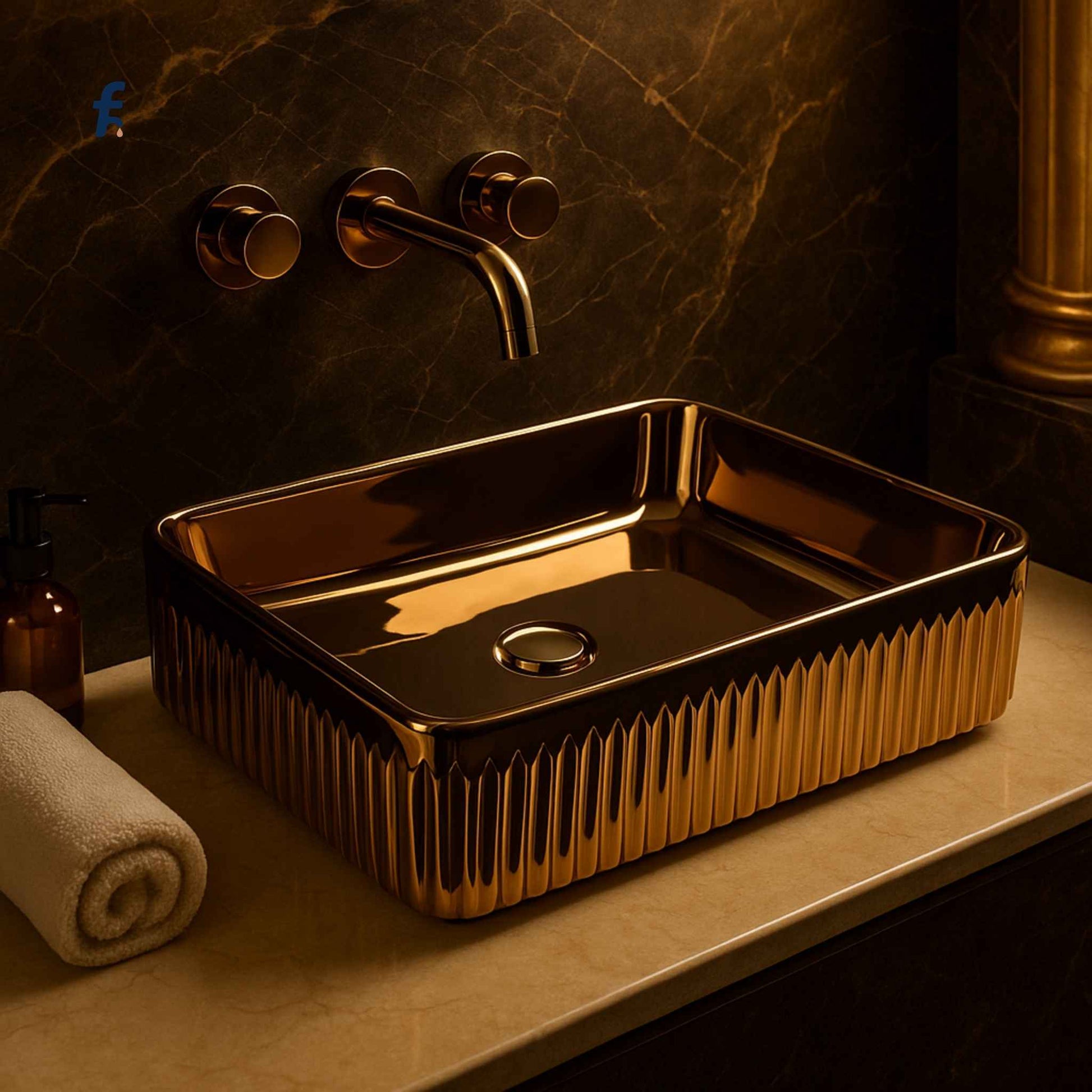 Gold rectangular sink with faucet on a marble wall