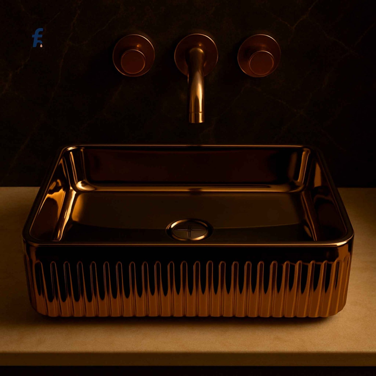 Side view of ribbed rose gold ceramic washbasin 