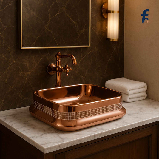 Rose gold rectangular countertop wash basin front view