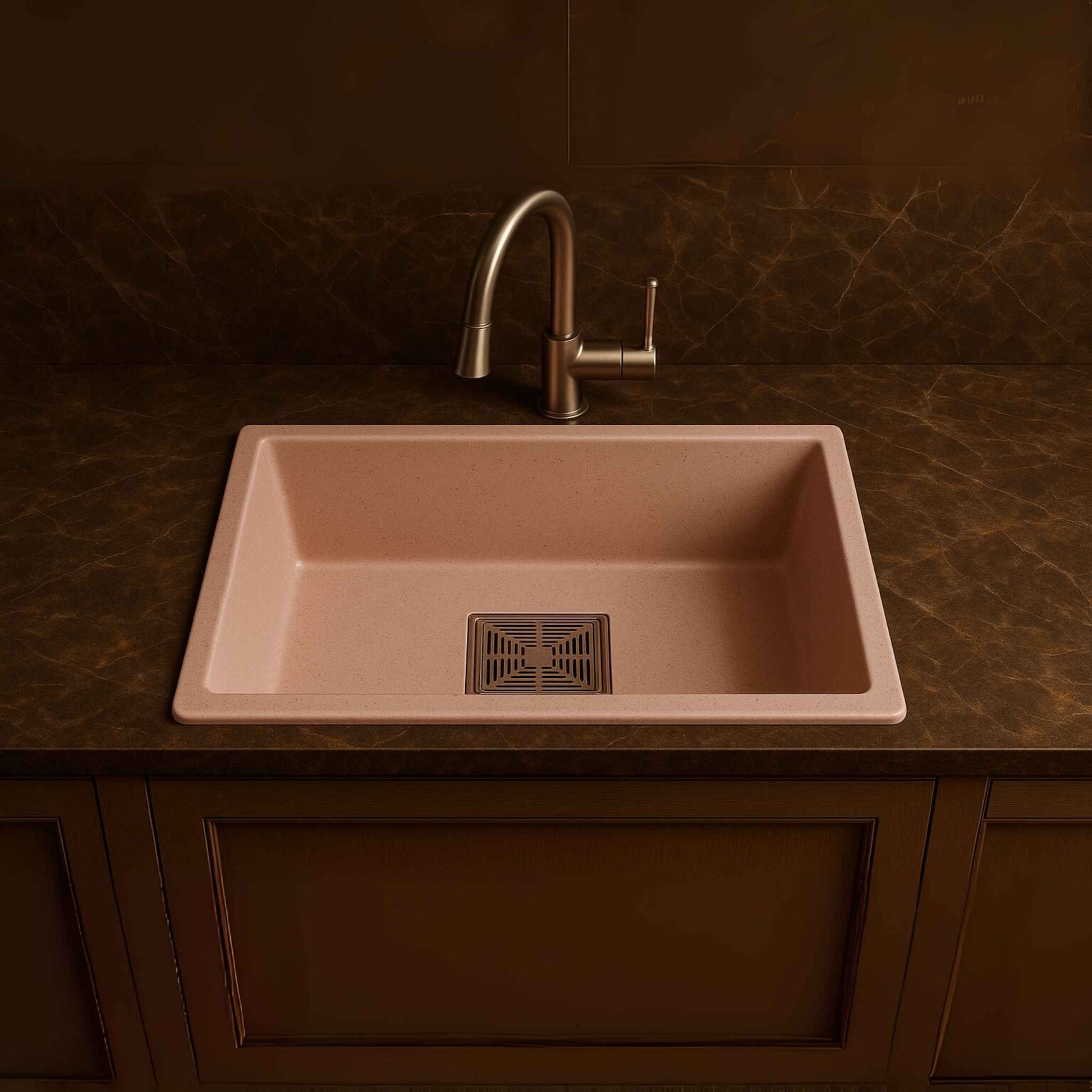 Front view of rose pink granite kitchen sink with square drain cover, 24x18x9 inch size