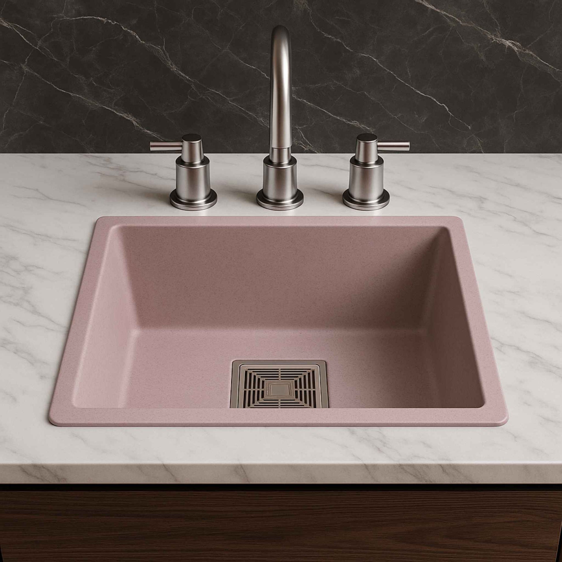 Front view of rose quartz sink placed in luxury dark Italian marble kitchen