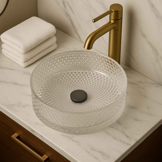 Top angle of clear textured round glass wash basin for modern bathroom