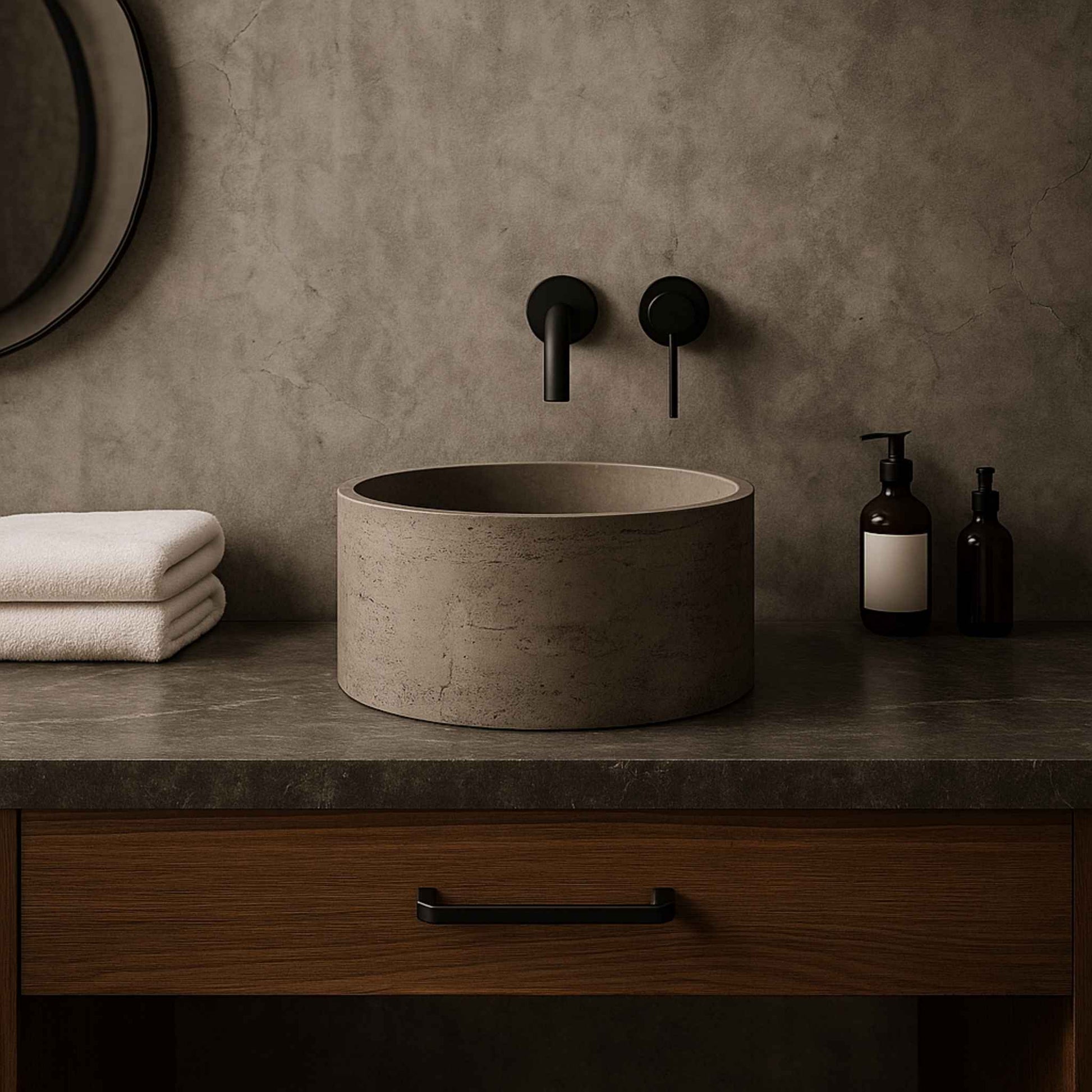 Round freestanding concrete vessel sink in a luxury rustic bathroom – 390x390x300mm