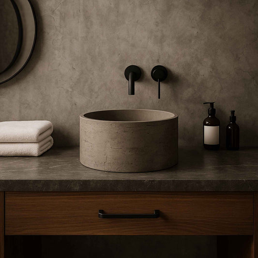 Round freestanding concrete vessel sink in a luxury rustic bathroom – 390x390x300mm