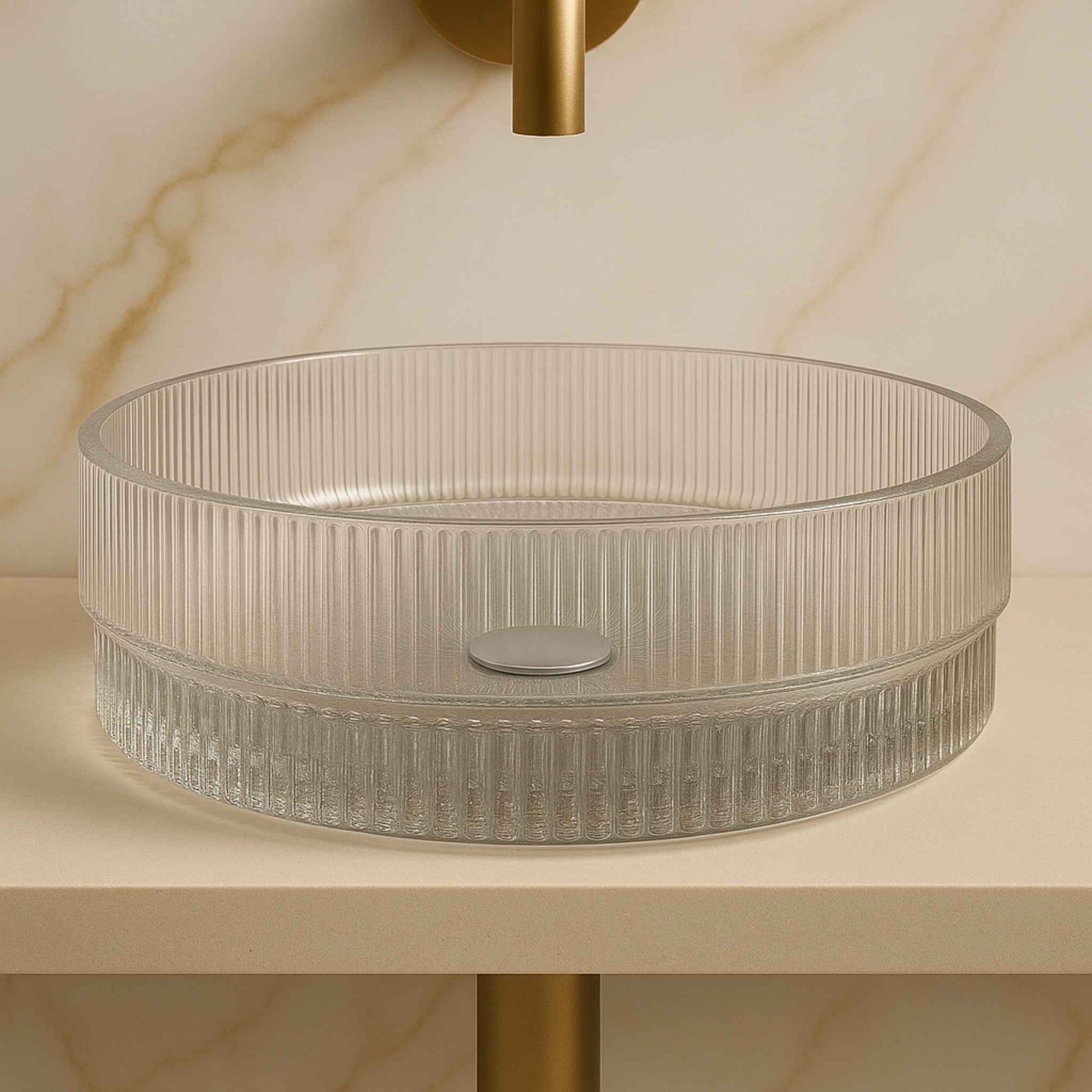Top angle view of transparent round fluted glass sink for vanity countertop