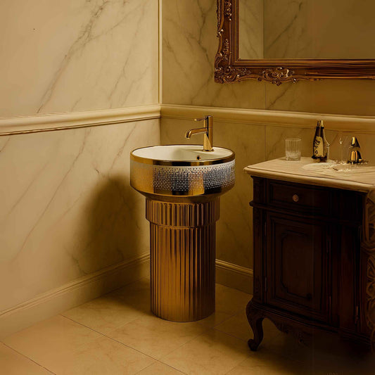 Royal Gold Designer Pedestal Washbasin with glossy finish for luxury bathrooms