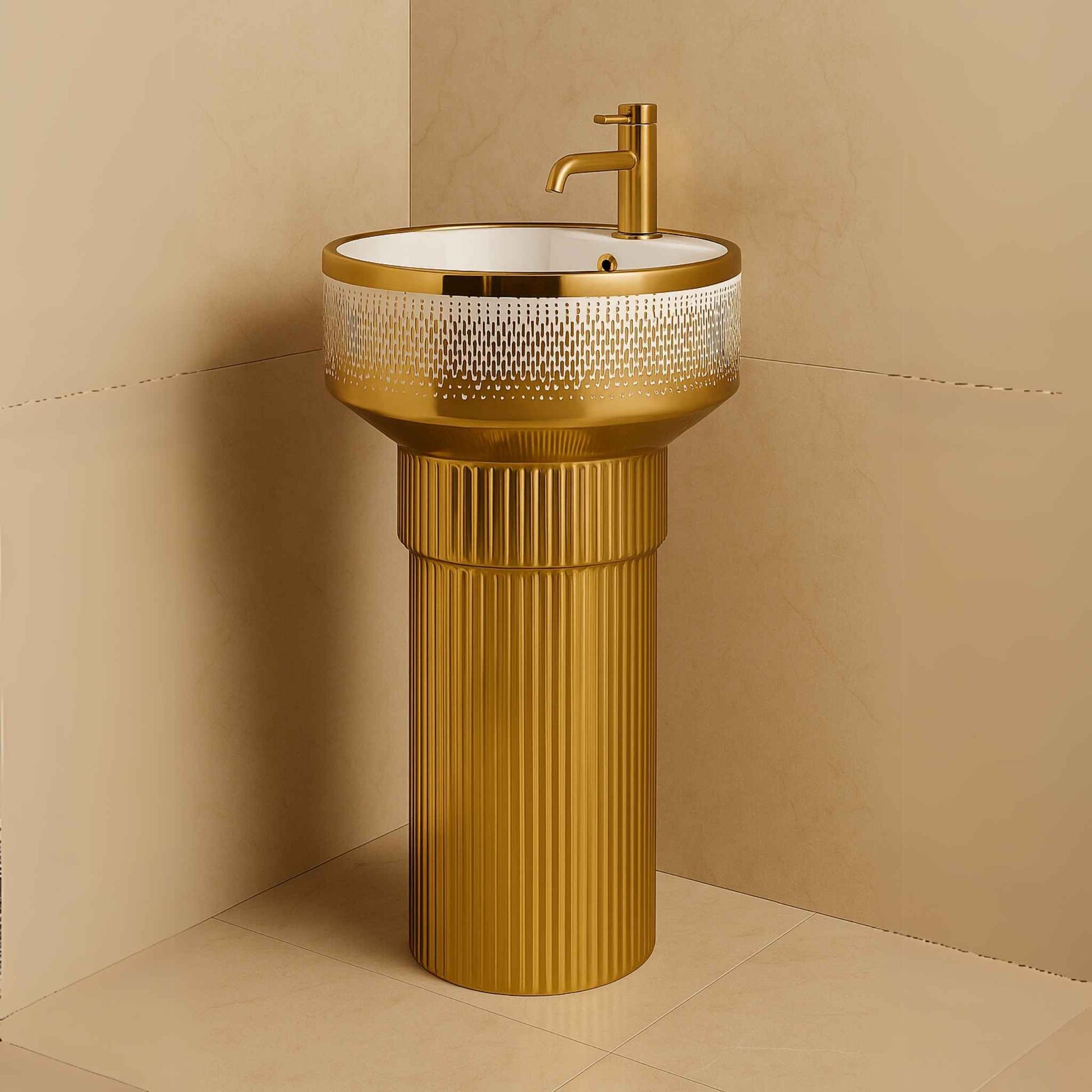 Royal Gold Designer Pedestal Washbasin with glossy finish for luxury bathrooms side angle.