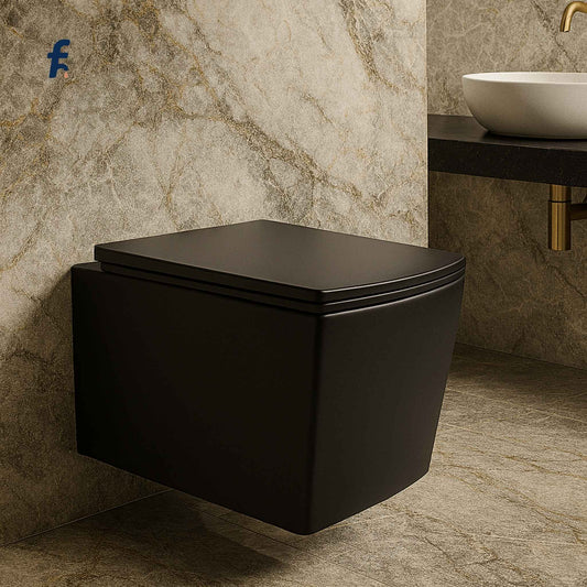 Charcoal black wall hung toilet front view in luxury bathroom