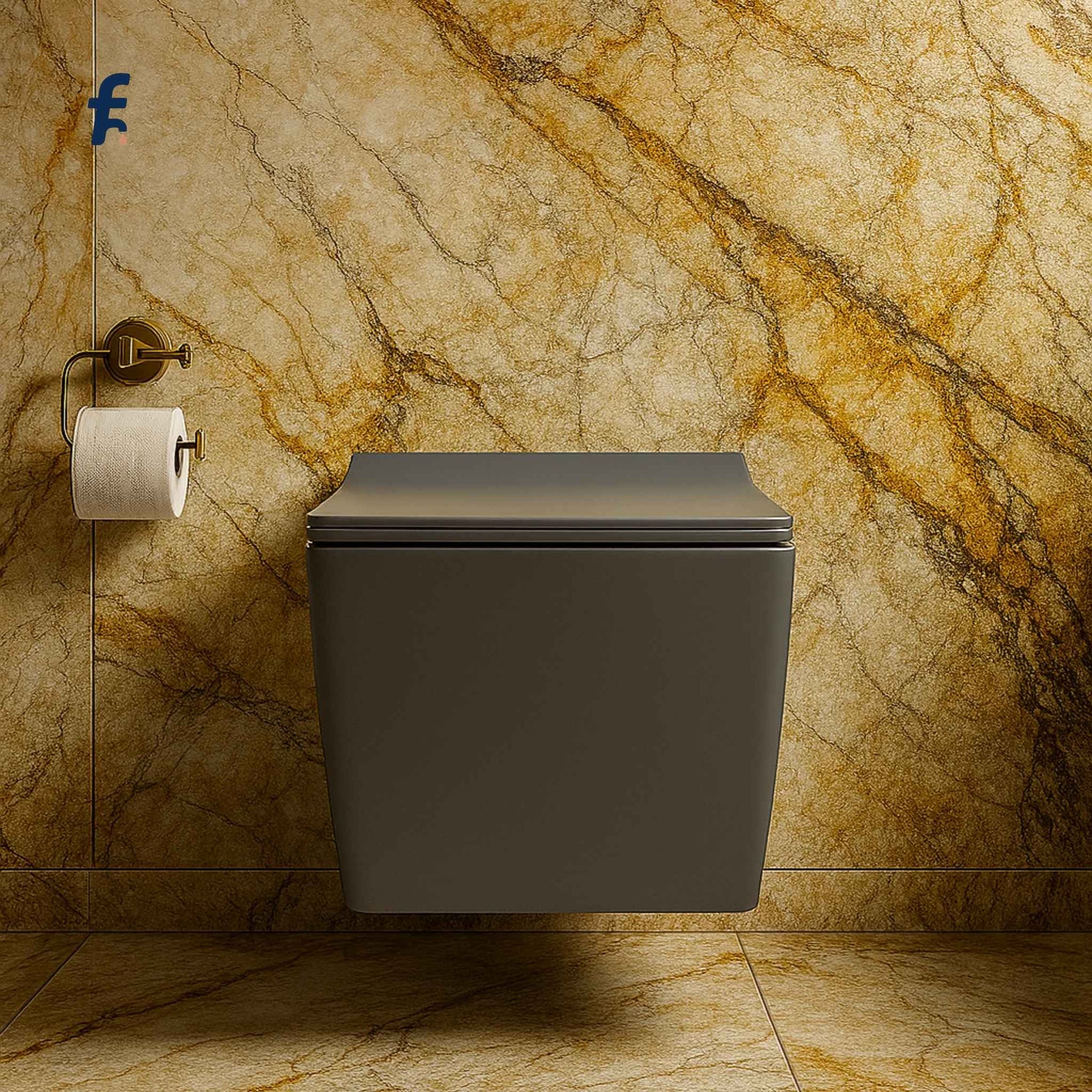 Cloud gray wall-hung toilet front view in a luxury bathroom with Italian marble background