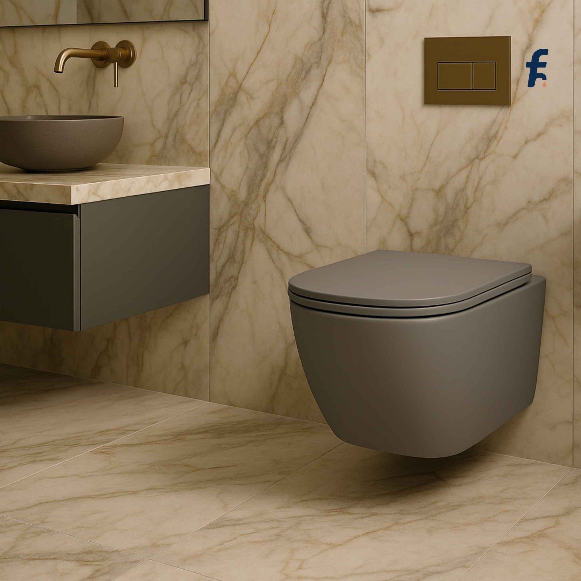 Full bathroom showcasing cloud gray wall-mounted toilet in a modern luxury space with Italian marble