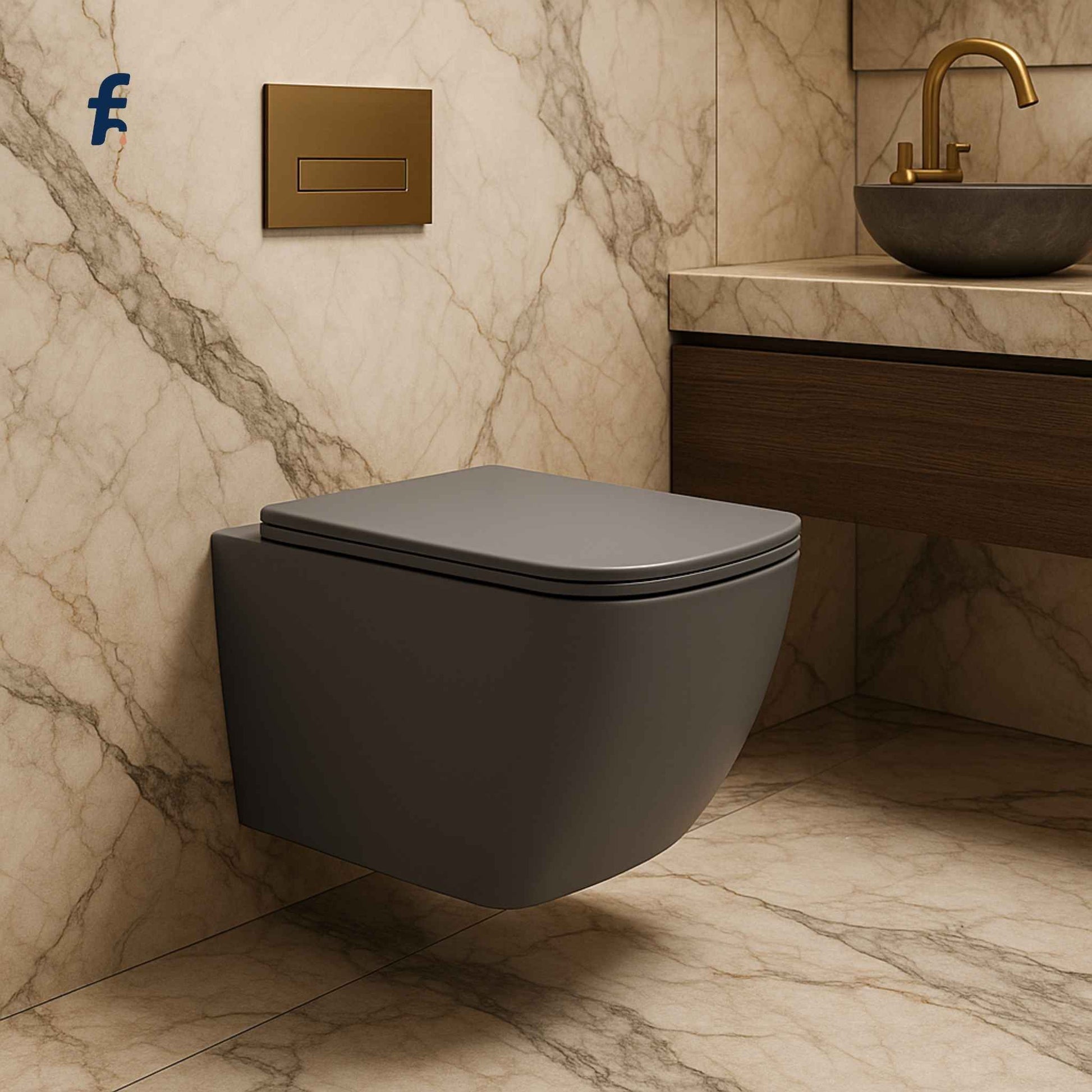 Side angle view of sleek modern wall-mounted cloud gray toilet in a high-end designer washroom