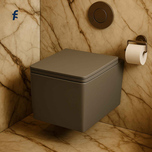 Top angle image of wall-hung cloud gray toilet installed in a premium bathroom with marble flooring