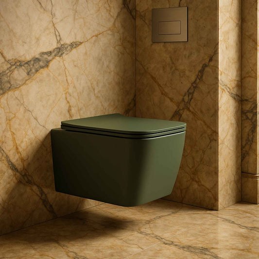 Side angle of modern forest green wall mounted toilet with marble floor