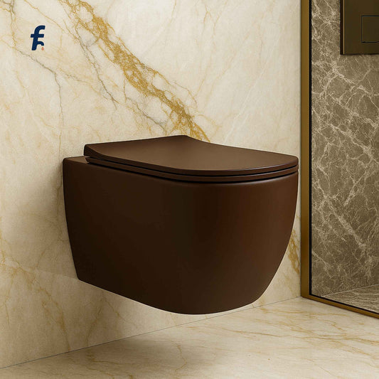 Brown wall-mounted toilet against a marble wall