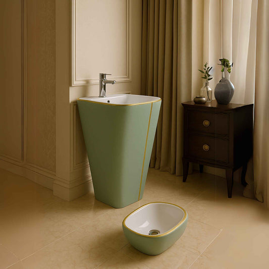 Sage green pedestal basin placed in a modern luxury home setting