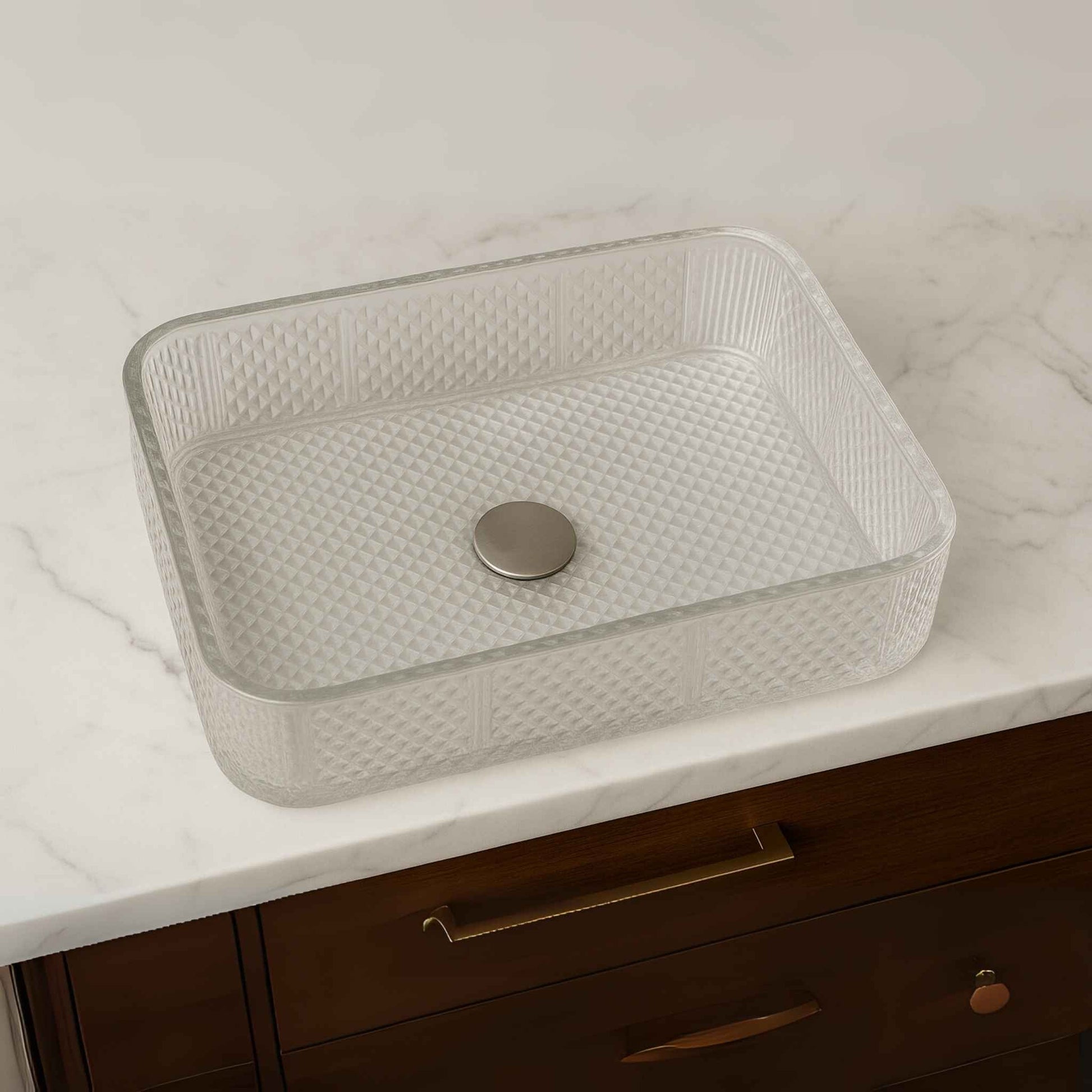 Side close-up of clear rectangular glass sink with diamond-cut texture – tabletop design for bathroom vanities