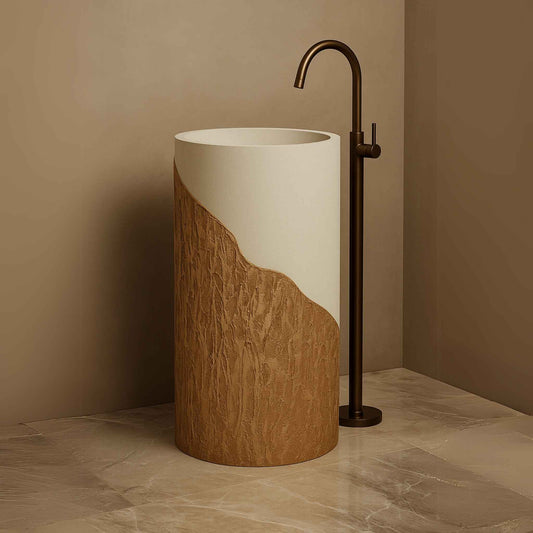 Side angle of textured pedestal washbasin in luxury setting with bronze detailing.