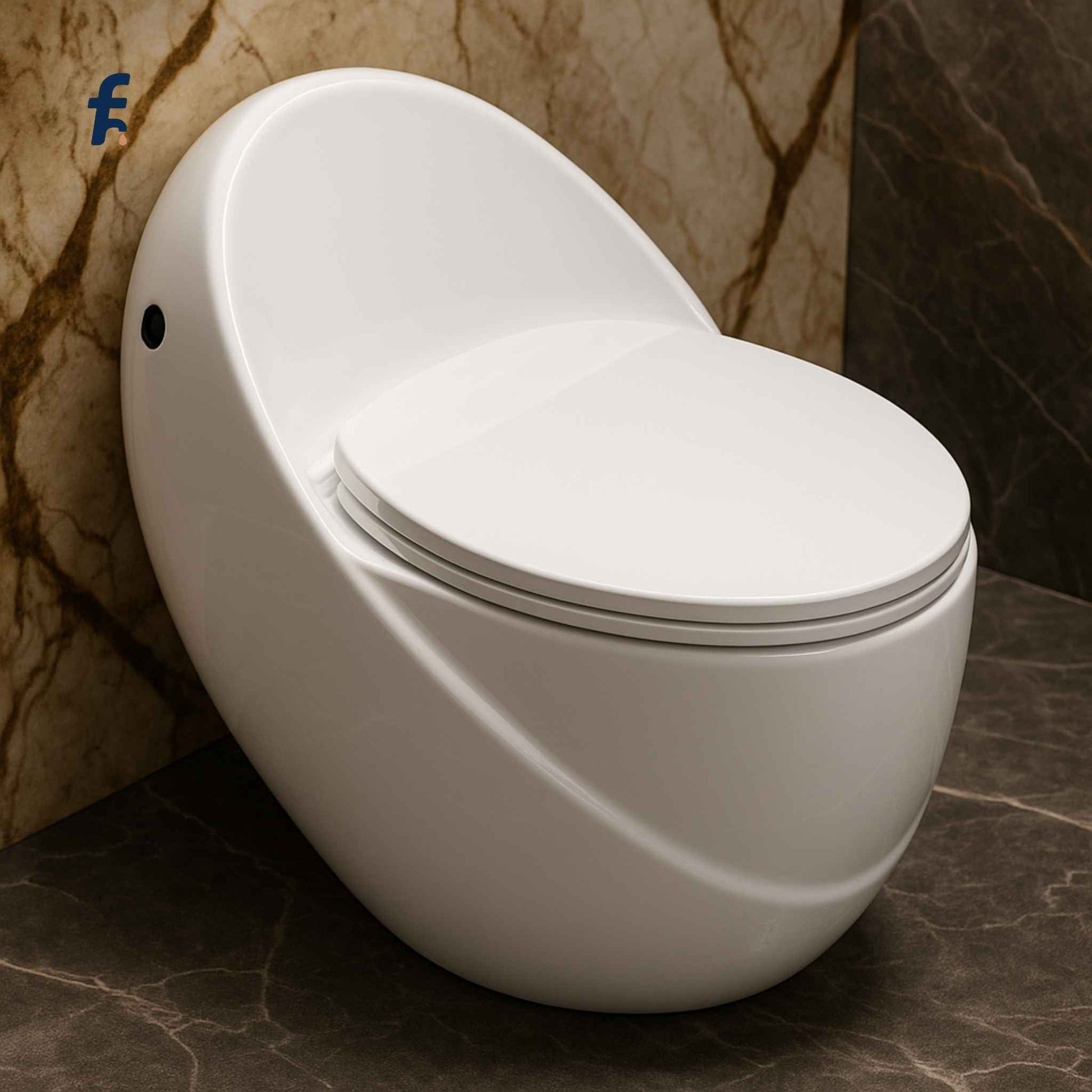 Modern white toilet bowl with closed lid against a marble wall.