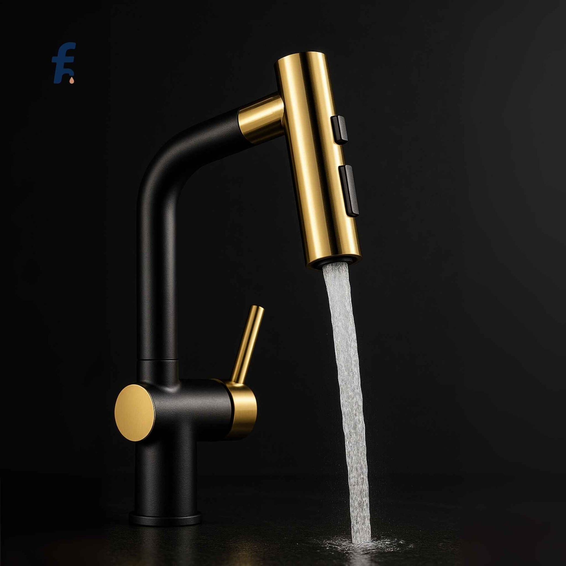 Side close-up view of matte black kitchen mixer tap with polished gold spray head