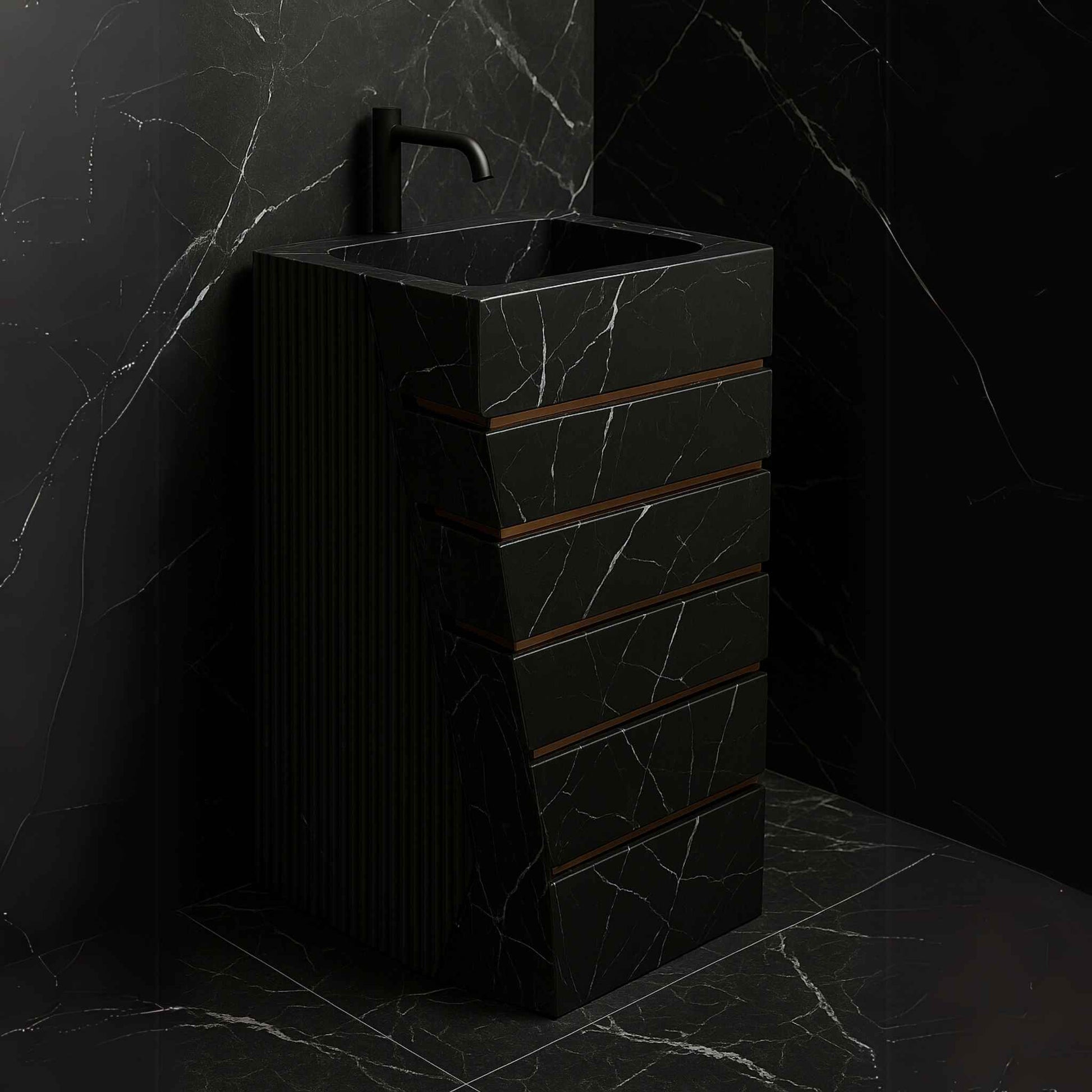 Side angle of black marble freestanding sink showing fluted and slabbed textures