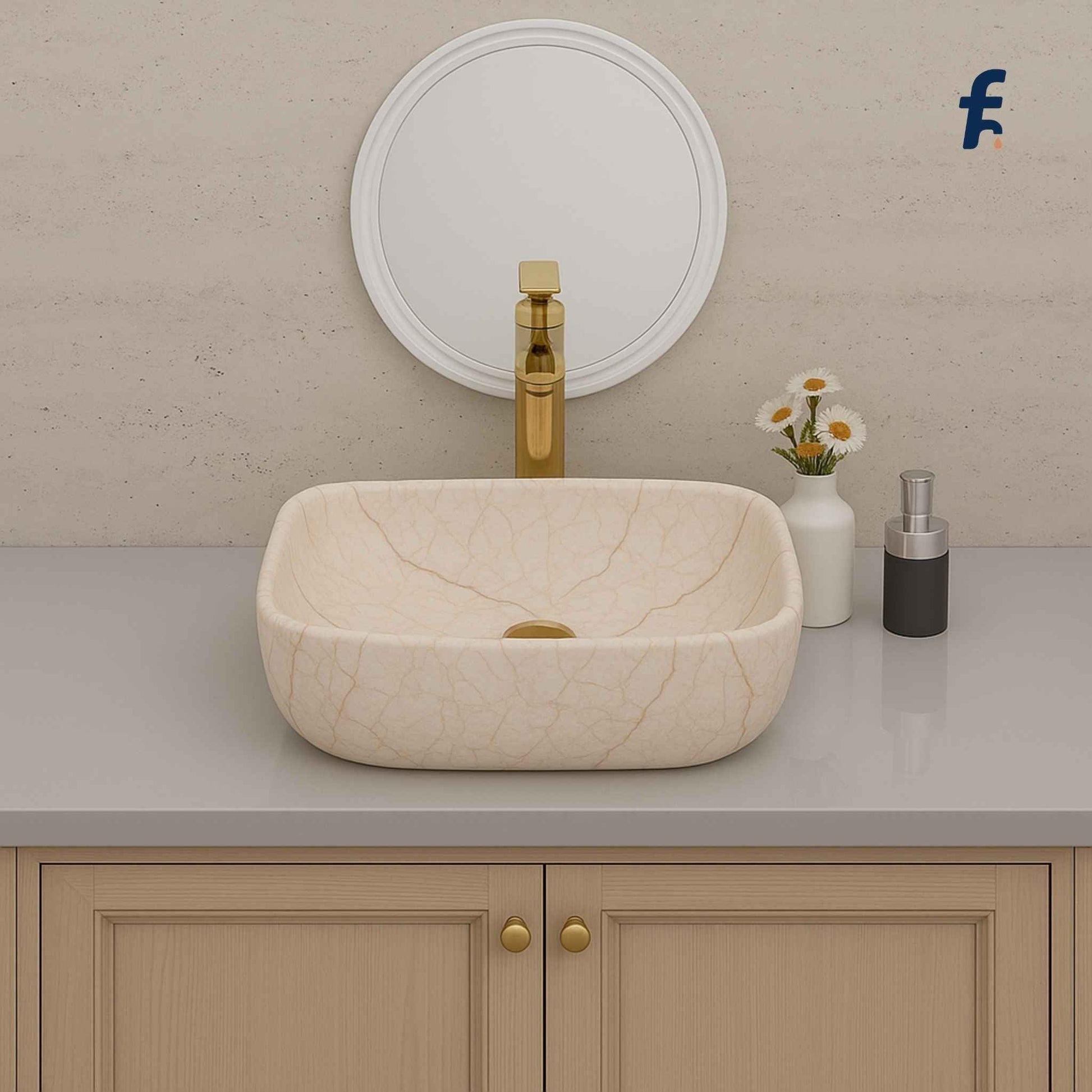 Beige ceramic sink on a bathroom counter with a mirror and decorative items. Side angle of rectangular ceramic marble finish wash basin – Affordable Series