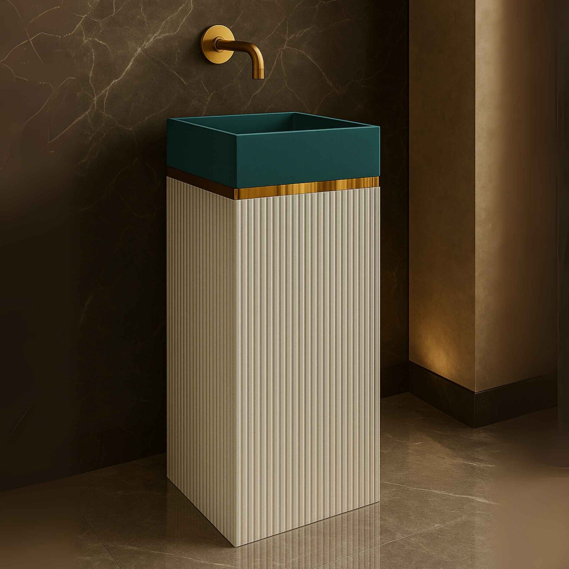 Modern pedestal sink with teal basin and gold accents against a dark wall.