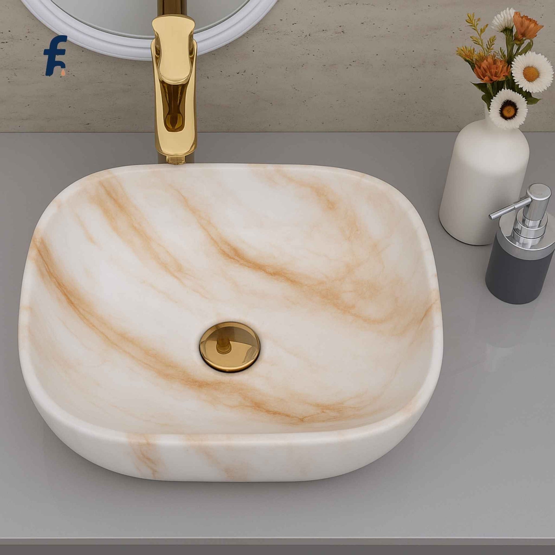 Marble-patterned sink with gold faucet on a bathroom counter. Side profile of affordable golden marble printed ceramic wash basin – 18x13 size
