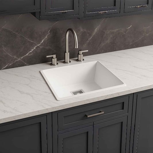  Side profile of 18x21 inch brushed steel kitchen sink with soft curves