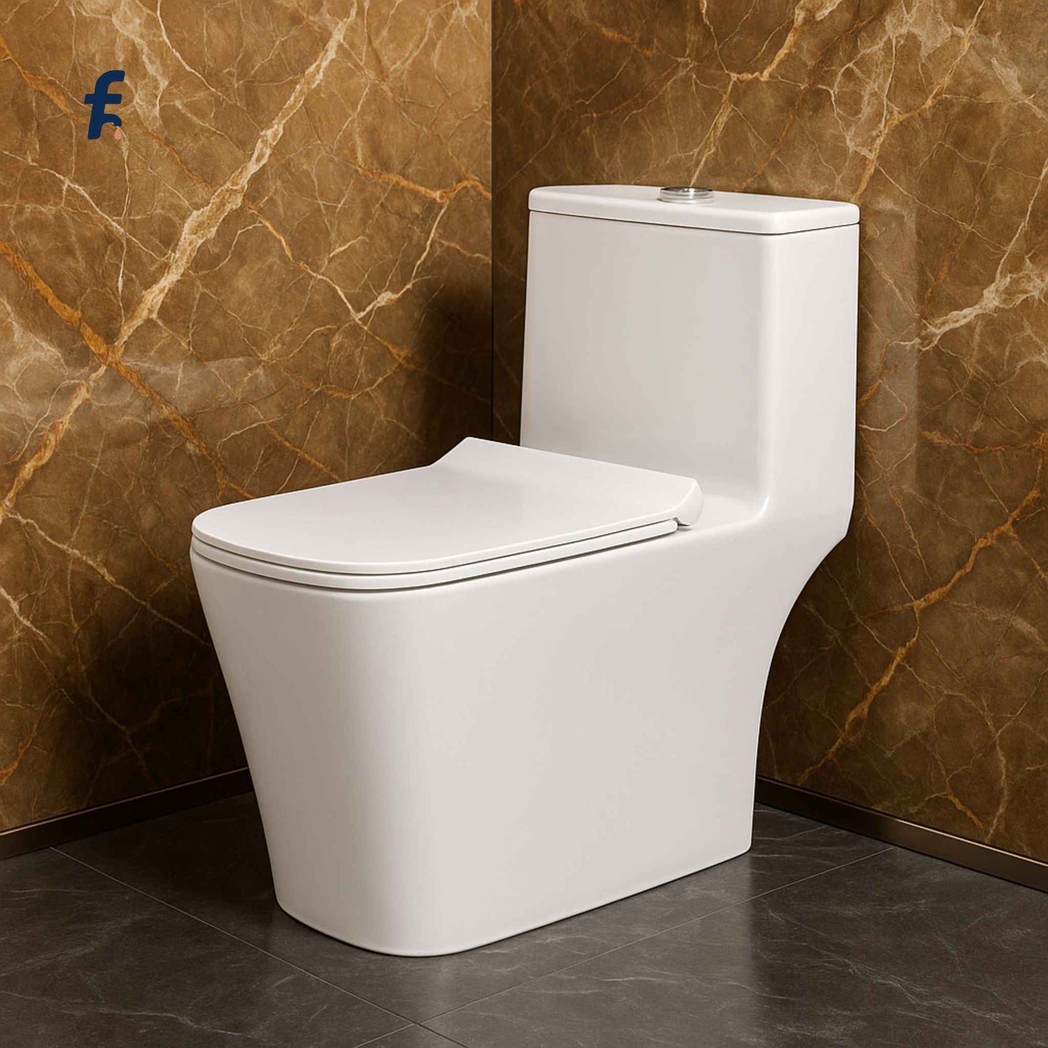Front angle view of premium one-piece rimless toilet