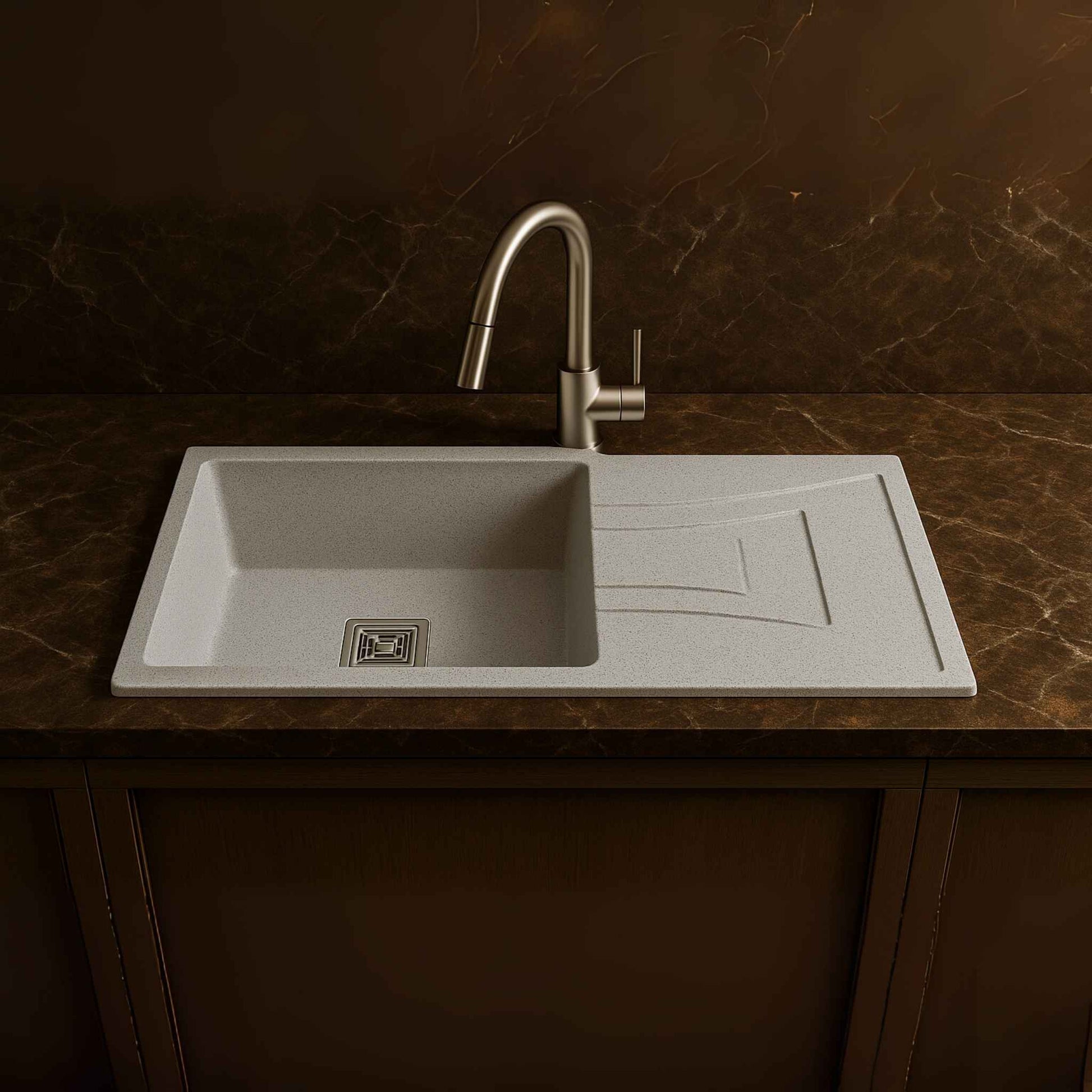 Front angle of modern matte silver kitchen sink placed in luxury kitchen