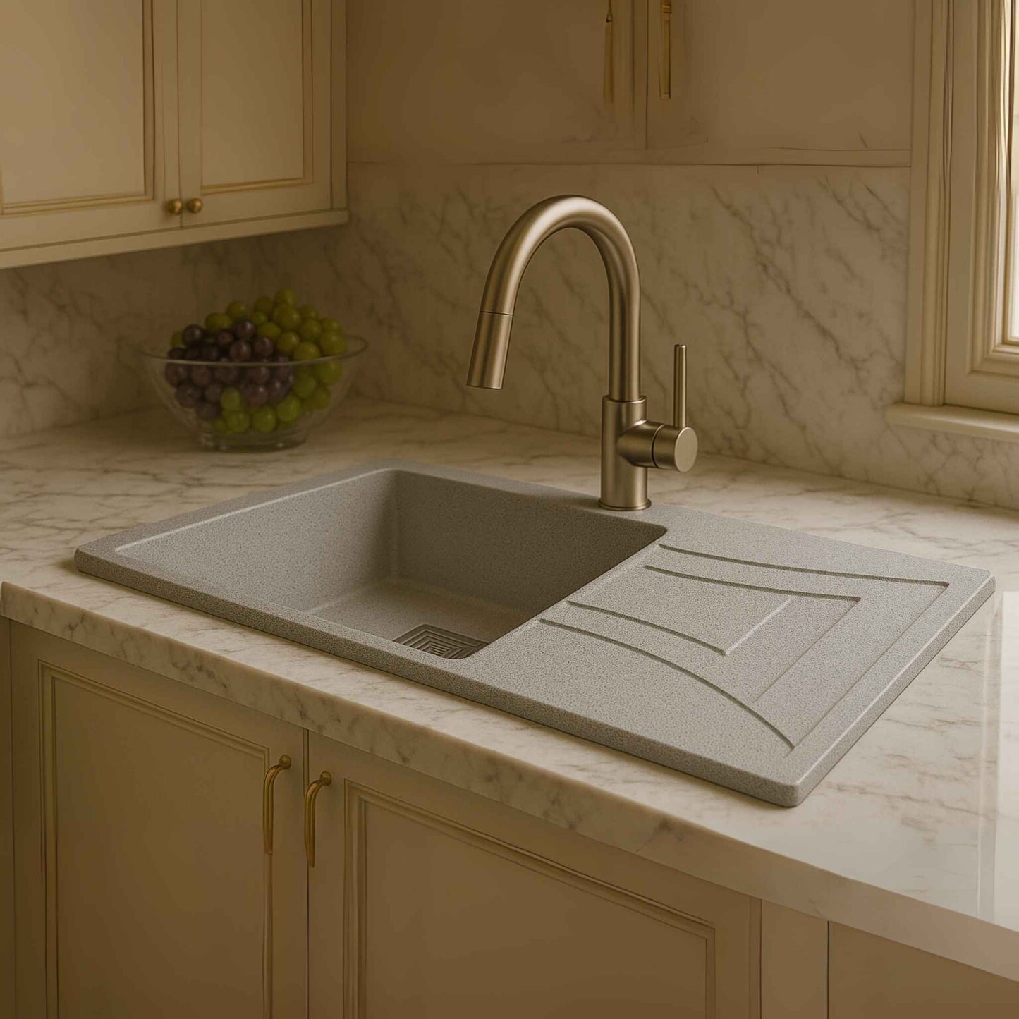 Side view of silver granite kitchen sink with pull-out faucet in marble background