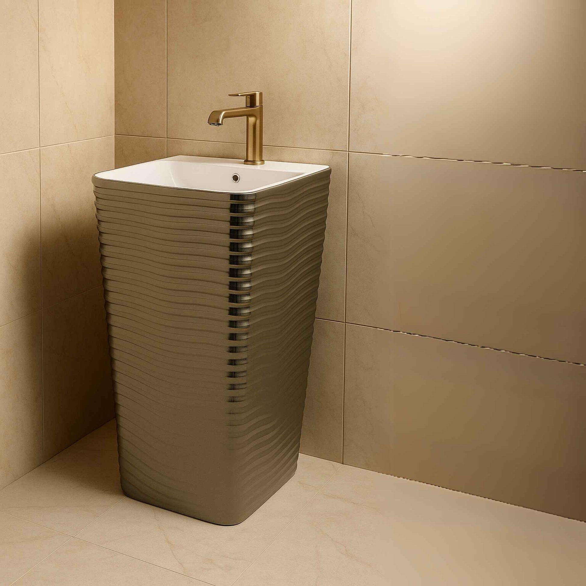 Ripple textured silver pedestal washbasin placed in luxury marble bathroom