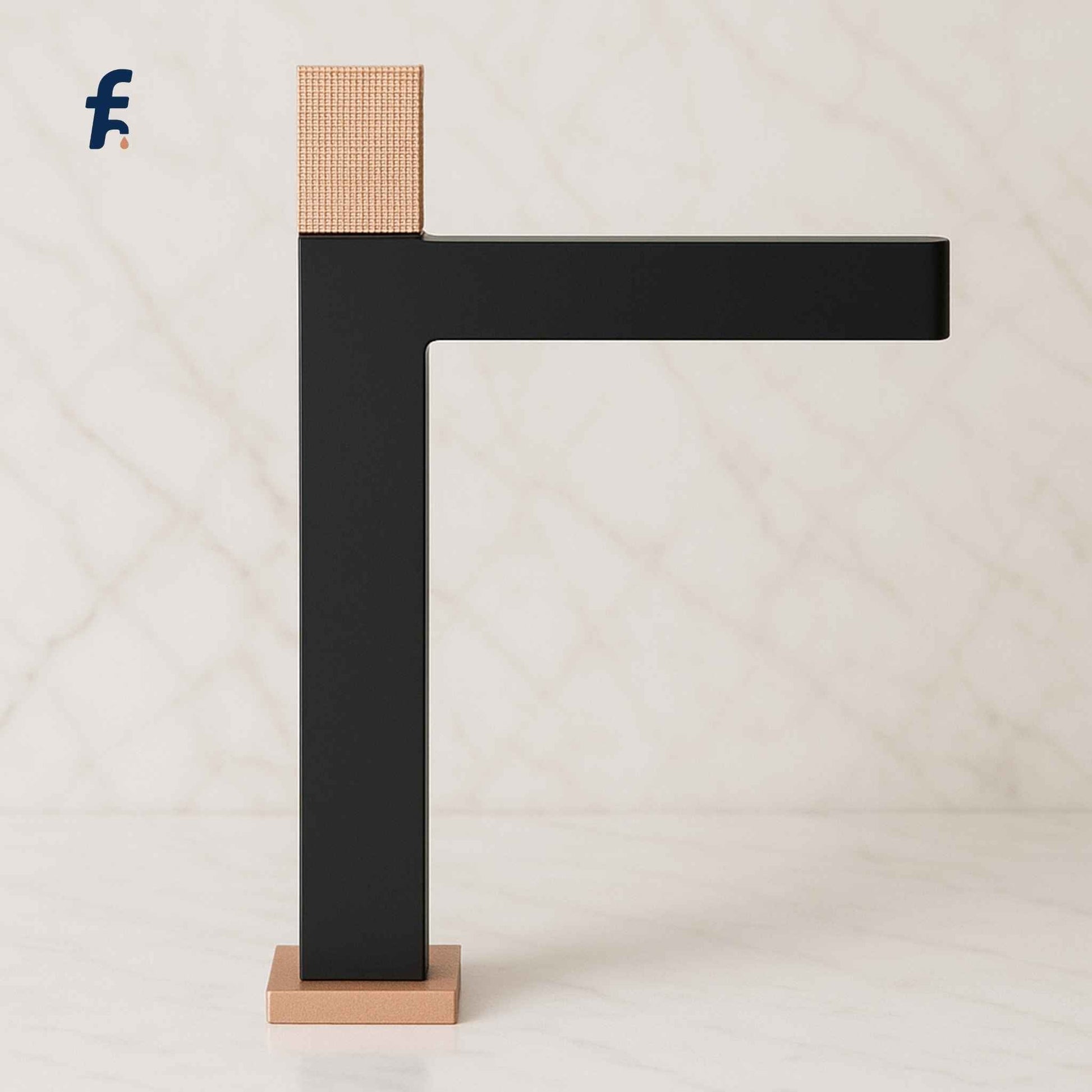 Modern faucet design with black and wood elements on a light background, Slim matte black & rose gold bathroom faucet for luxury vanities