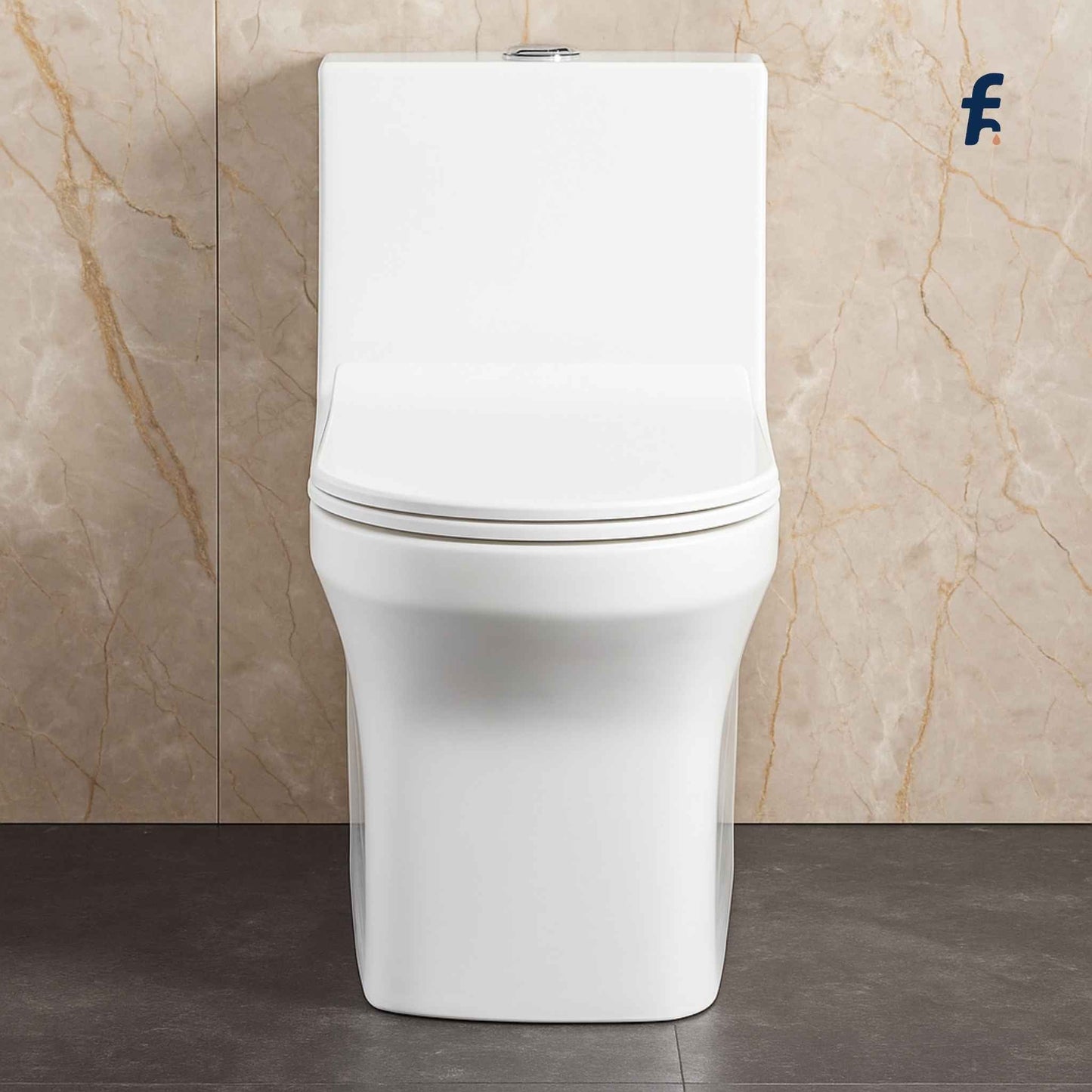 Top angle view showing soft close seat and flush button