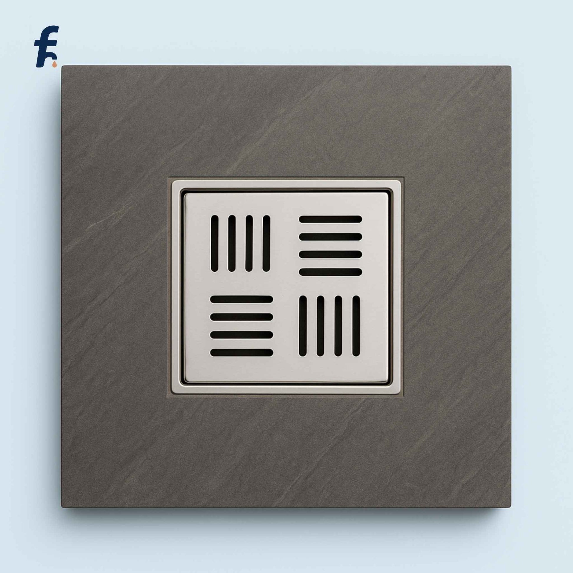 Square metallic drain cover with a grid pattern on a light blue background, Stainless steel floor drain installed in modern bathroom tiles