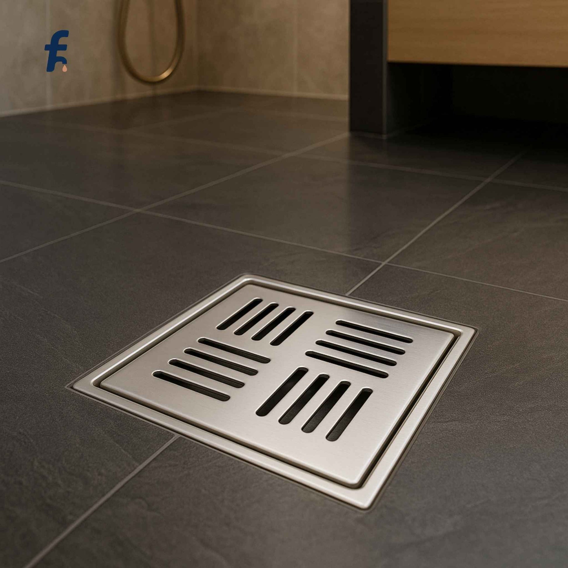 Metallic shower drain cover on a tiled bathroom floor, Close-up of anti-clog designer floor drainer in luxury washroom