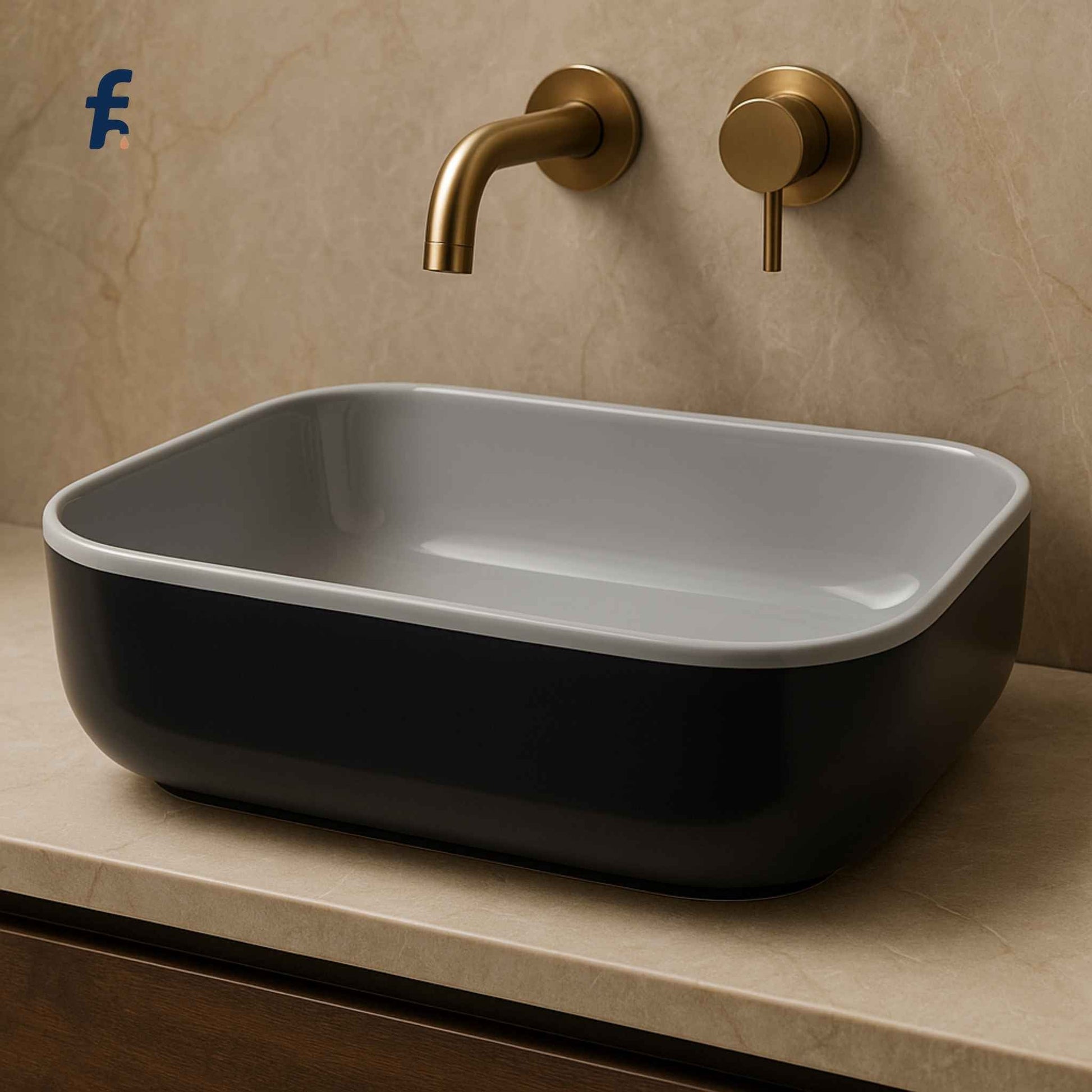 Bathroom sink with gold faucet and handles on a beige wall, Luxury bathroom sink with wall-mounted faucet.