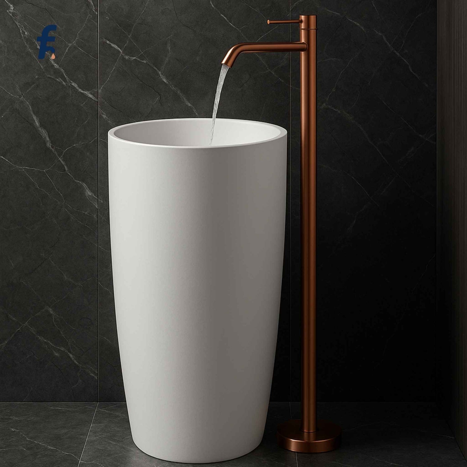 Tall brushed rose gold freestanding faucet front view on luxury pedestal basin