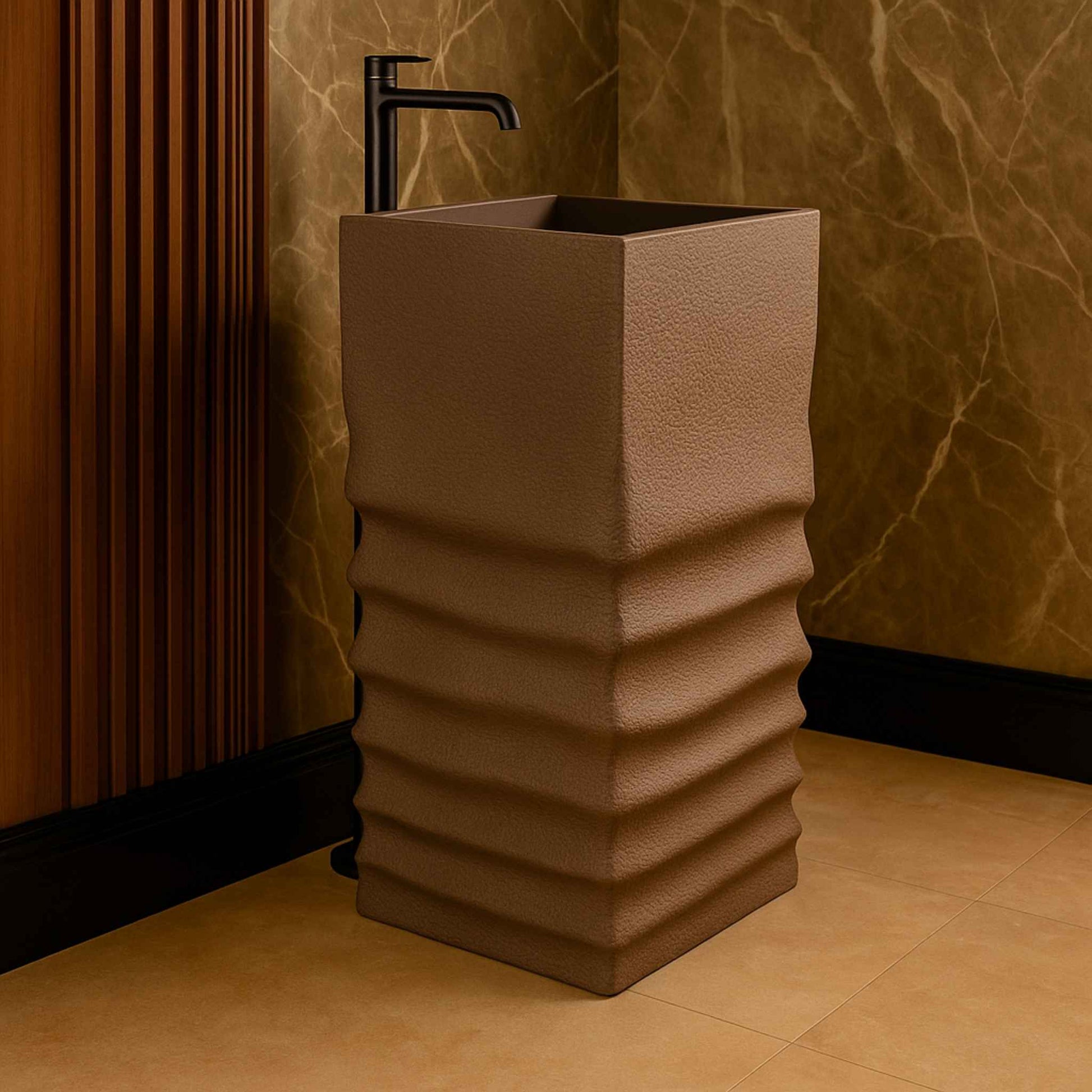 Textured taupe pedestal basin in modern luxury bathroom with wood and marble