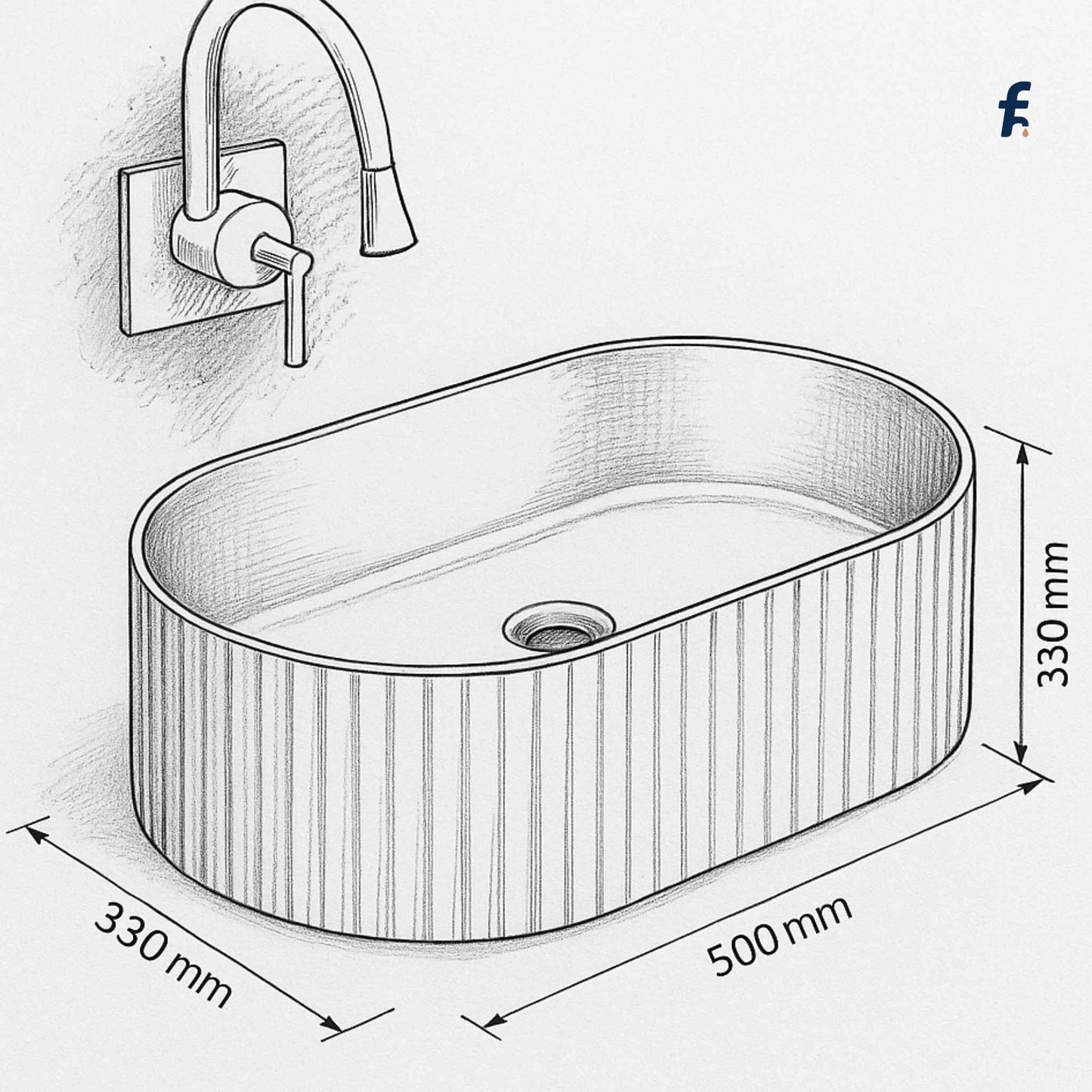 Technical line sketch of oval fluted matt gold washbasin