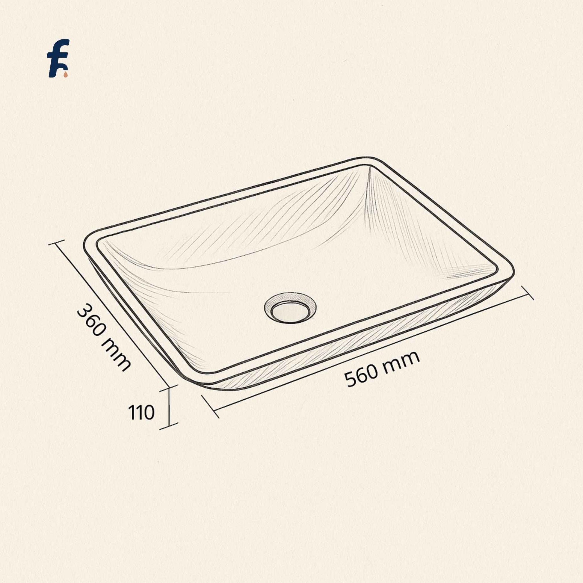 Rectangular glass sink with dimensions on a beige background