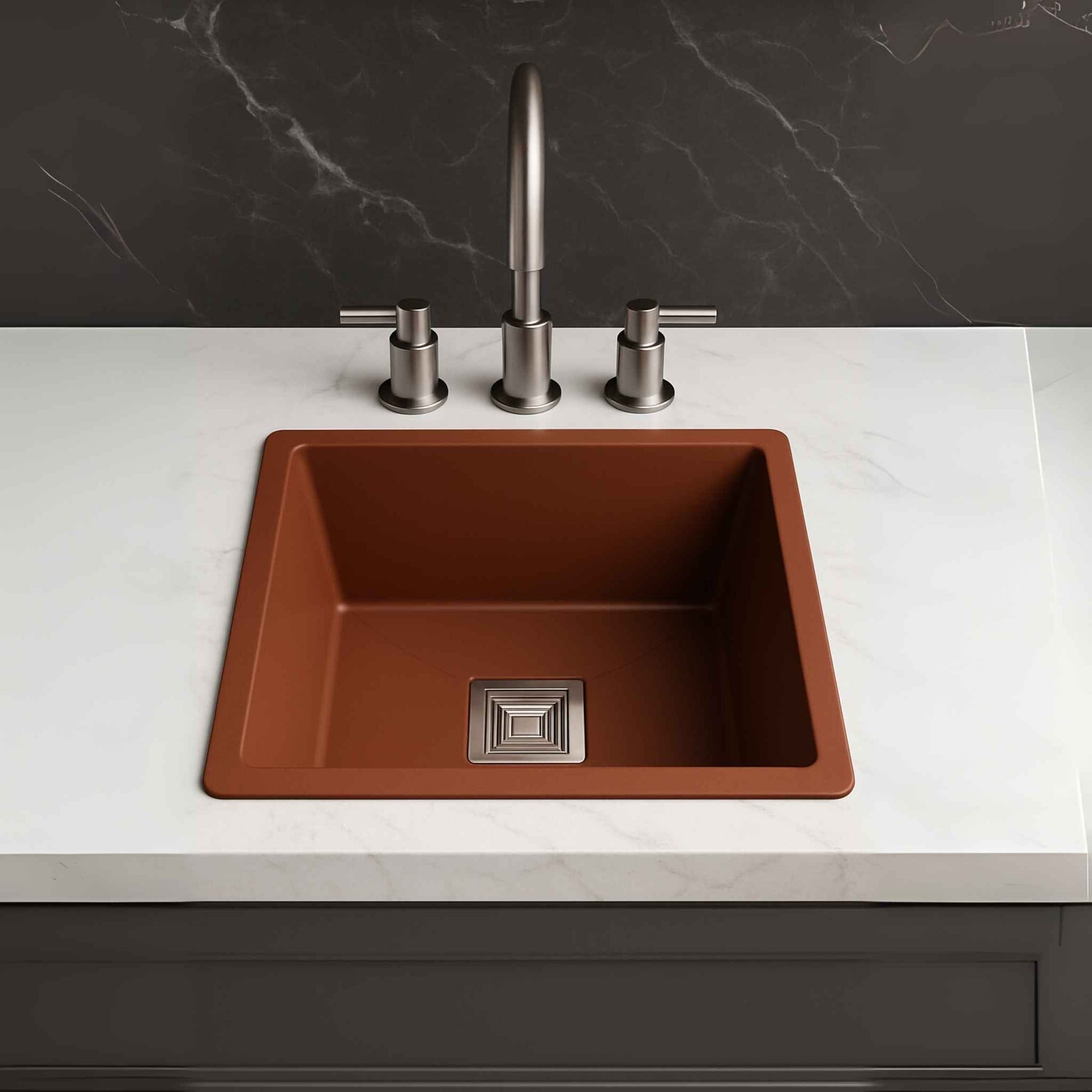 Front angle view of terracotta metallic kitchen sink placed in luxury kitchen
