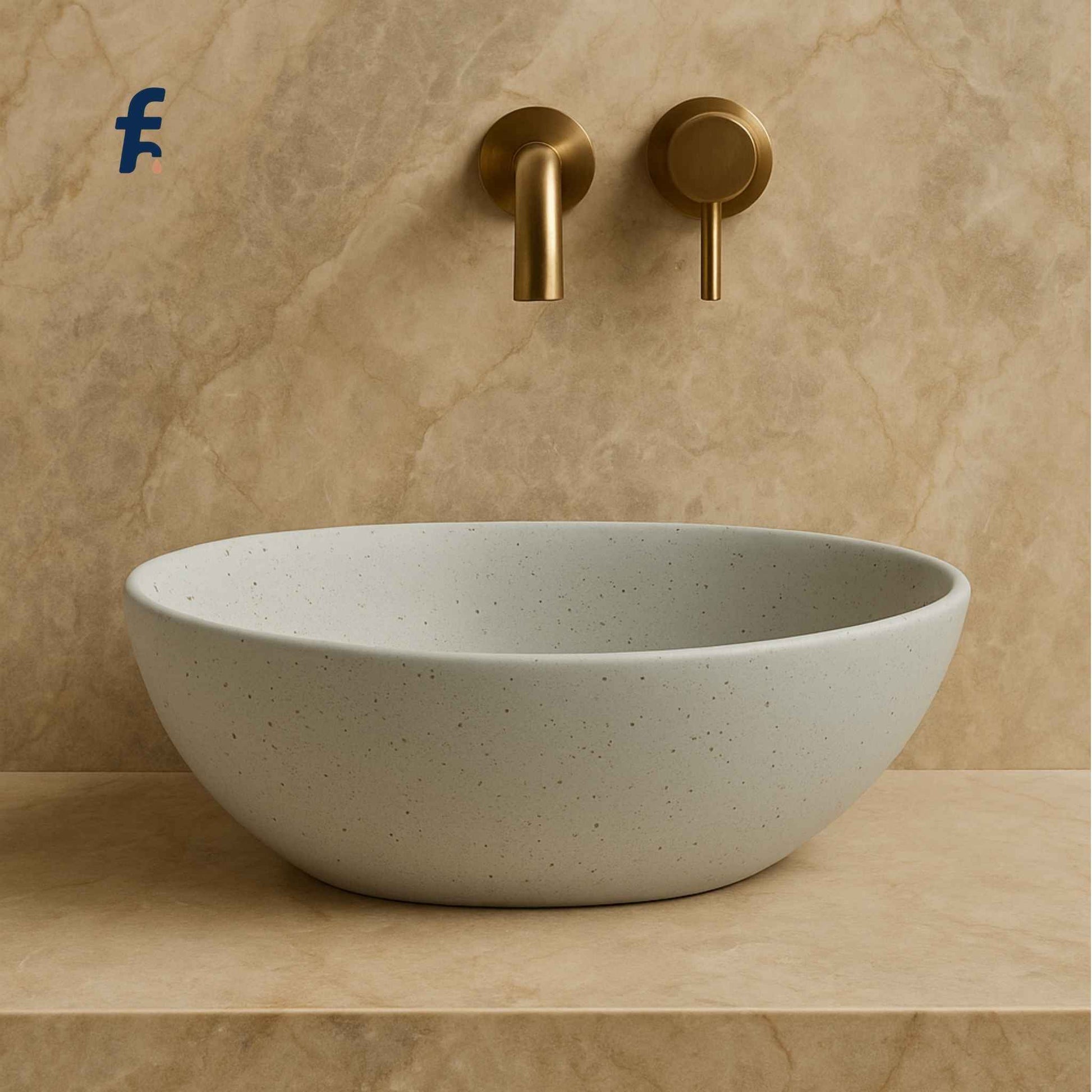 Front view of terrazzo designer table top wash basin in luxury bathroom