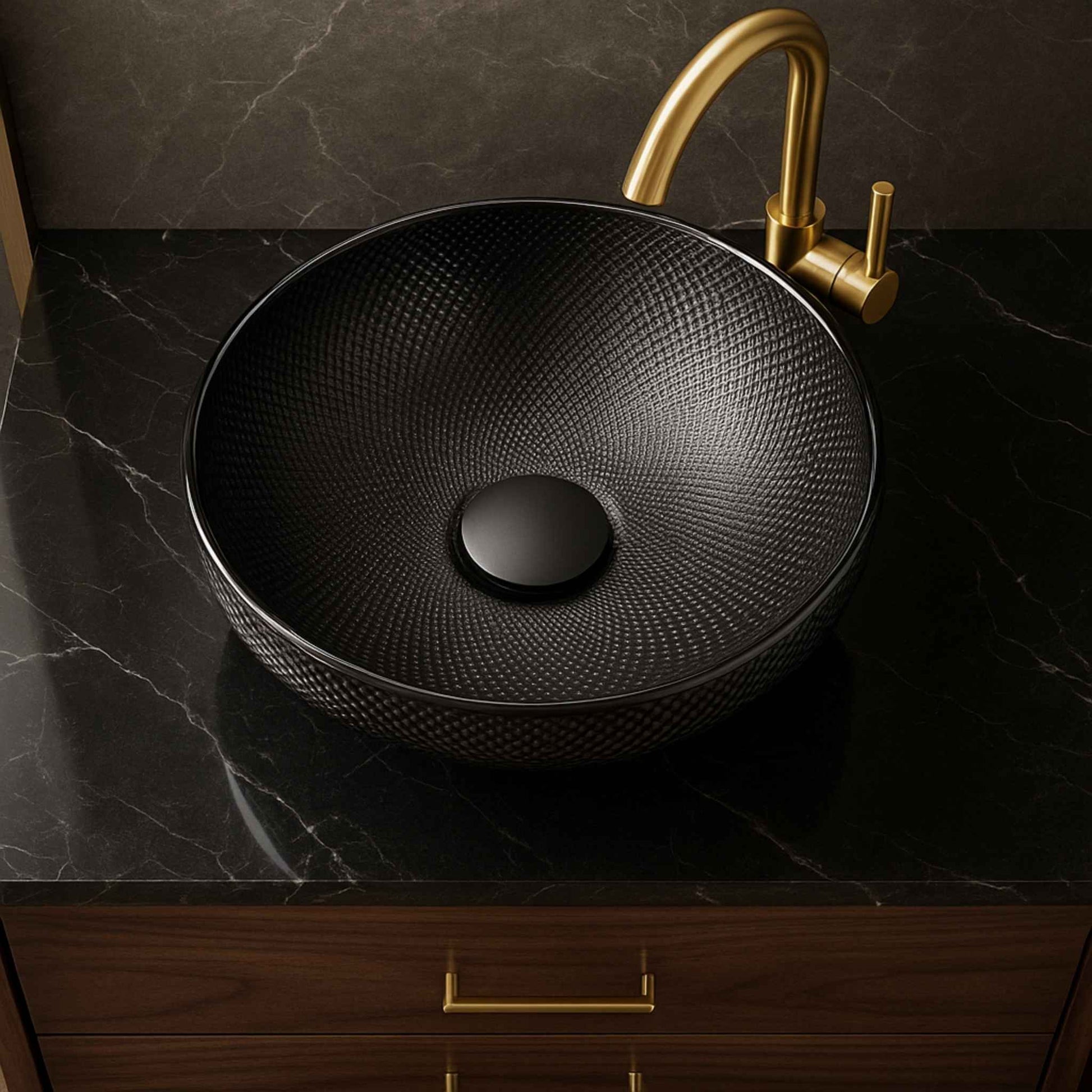 Standalone product image of round black glass wash basin EQCB:004 – 420x420x180mm premium bowl sink