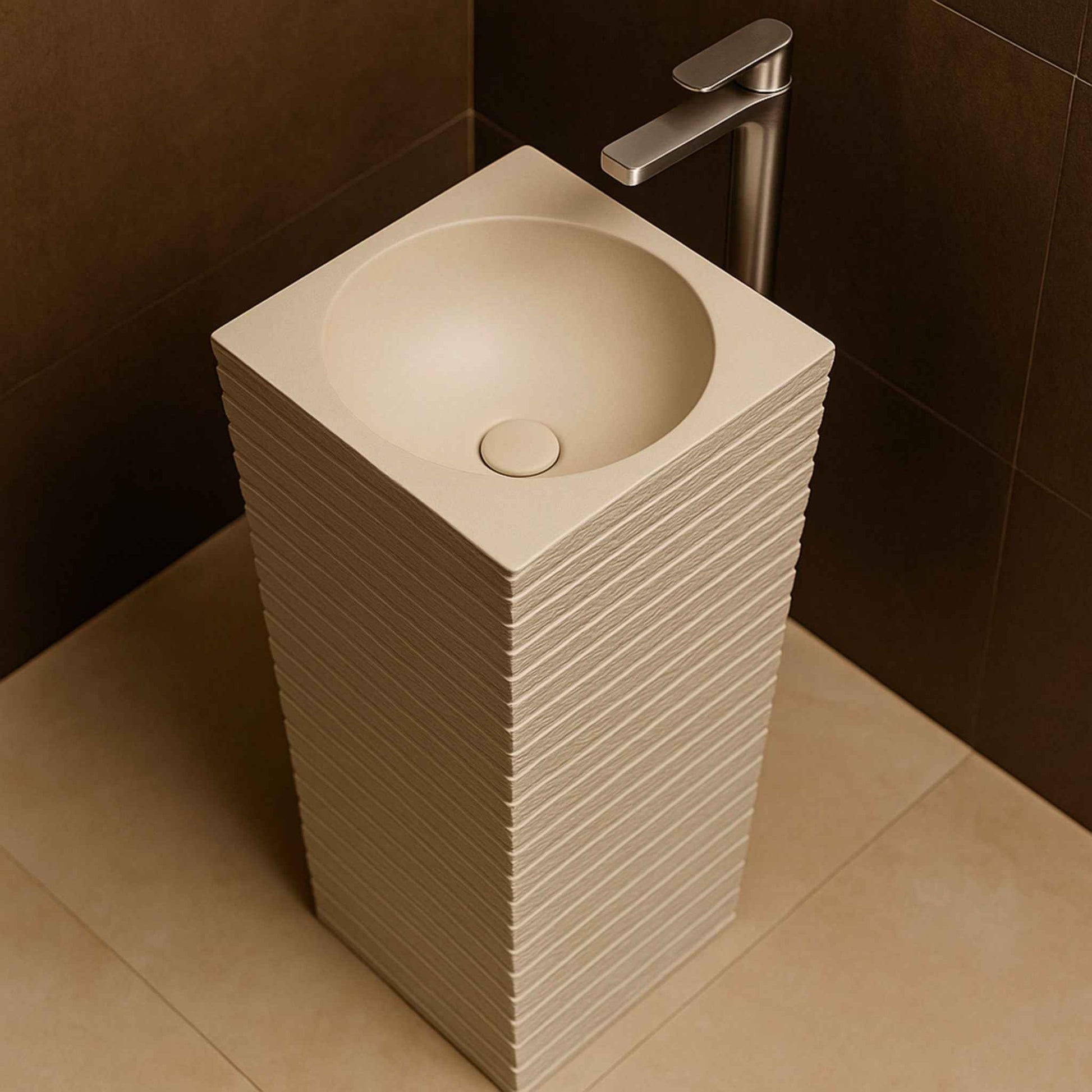 Top view of round bowl inset in layered off-white pedestal basin