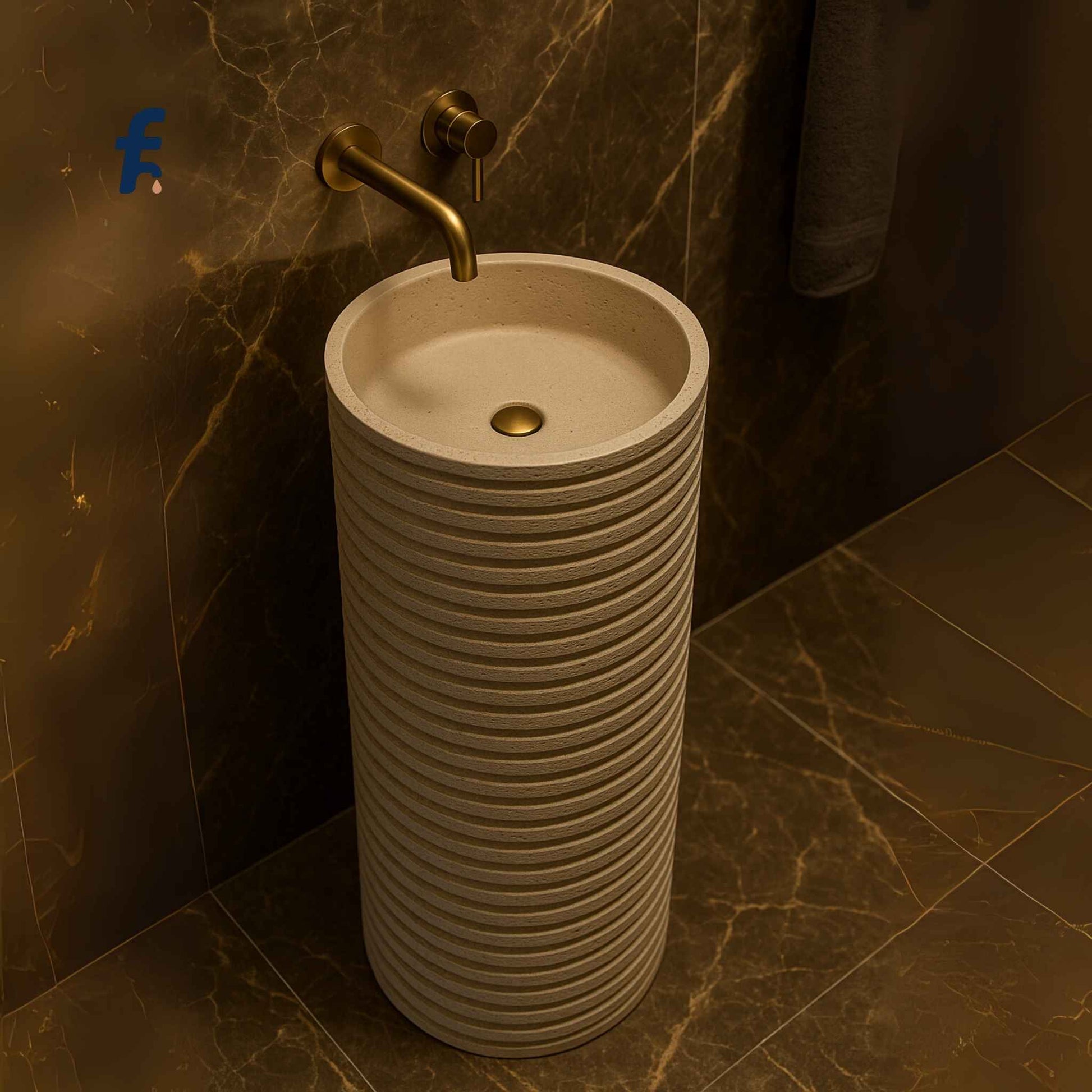 Top view of luxury freestanding wash basin with ribbed stone texture and cylindrical design
